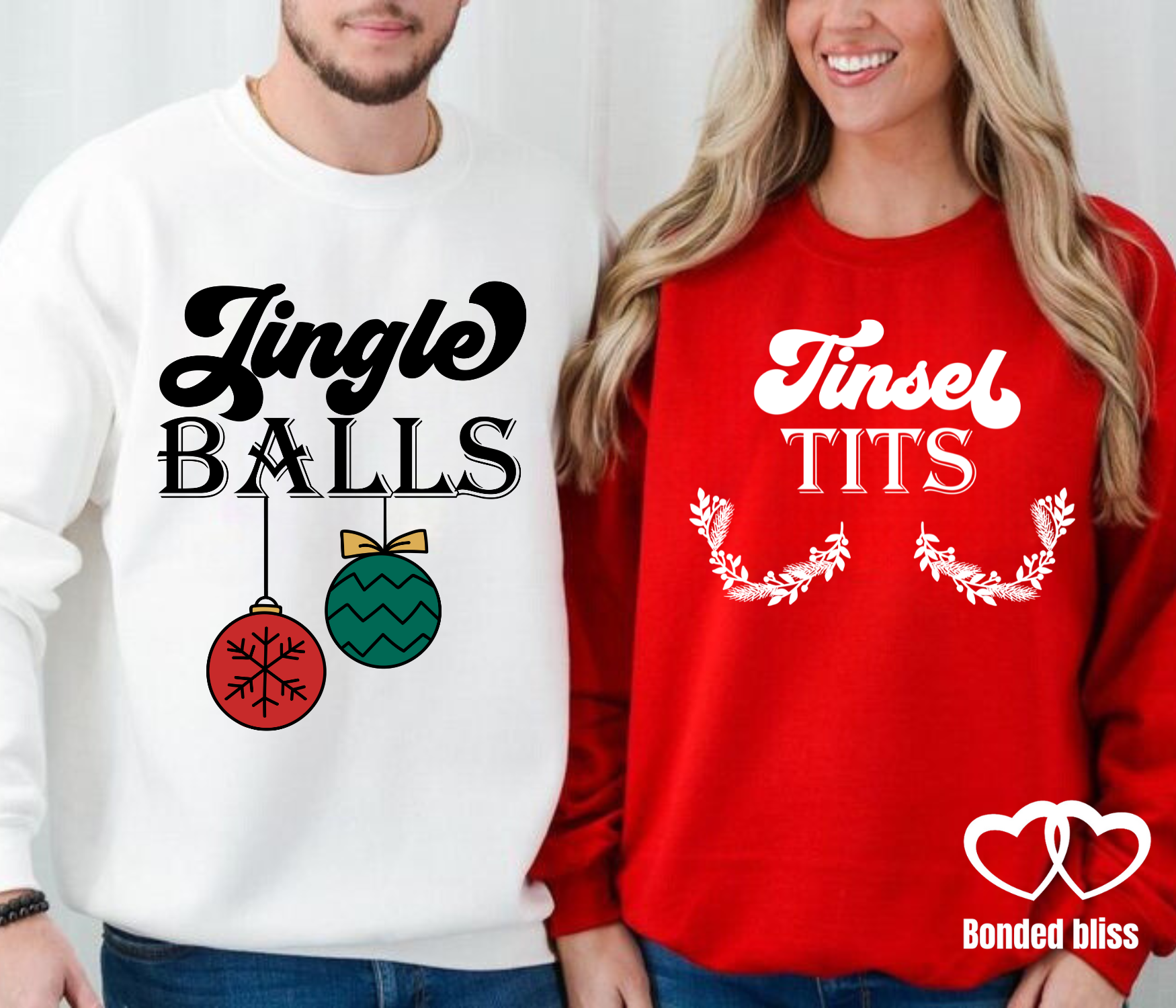 Product Description for the "Jingle Balls & Tinsel Tits" Couple Sweatshirt Set product thumbnail image Product Description for the "Jingle Balls & Tinsel Tits" Couple Sweatshirt Set product thumbnail image