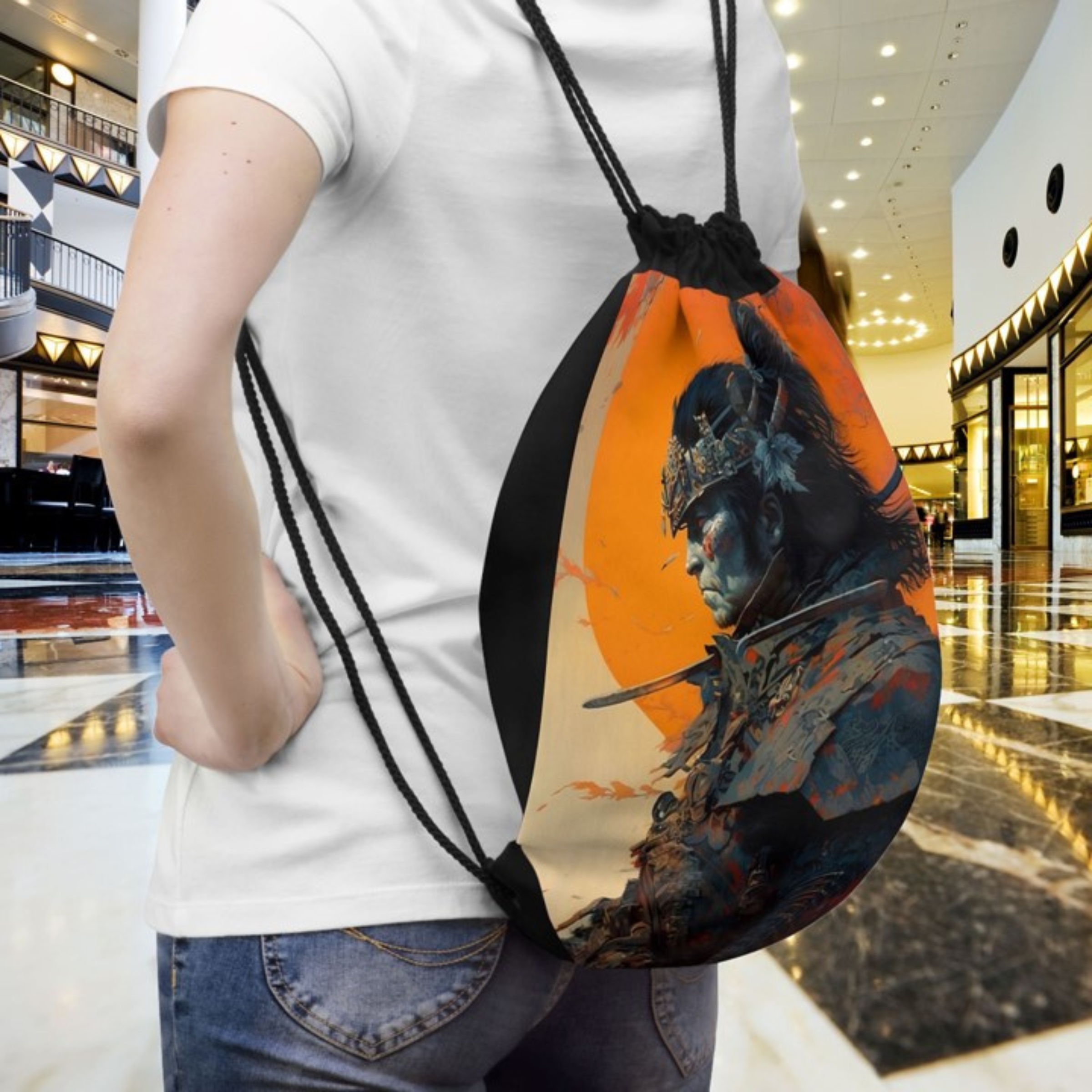 Samurai Japanese Warrior in Sunset Drawstring Bag