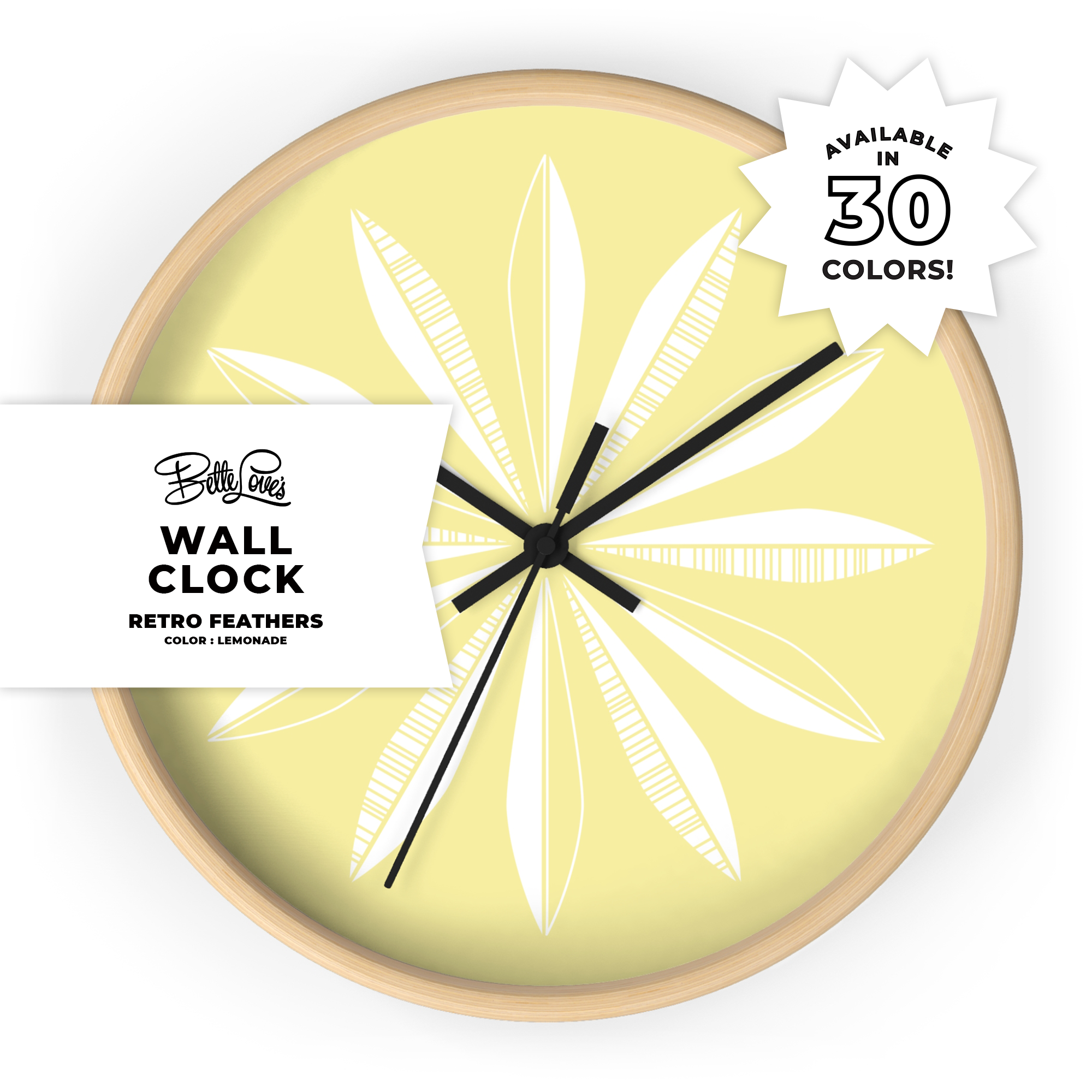 Retro Feathers Wall Clock in Lemonade Retro Feathers Wall Clock in Lemonade
