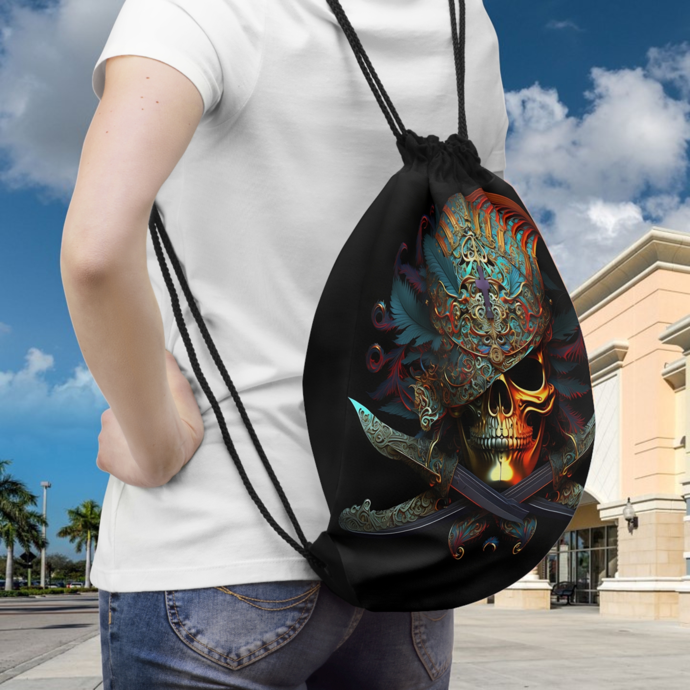 Pirate Skull With Sabres Crossing Drawstring Bag product thumbnail image Pirate Skull With Sabres Crossing Drawstring Bag product thumbnail image