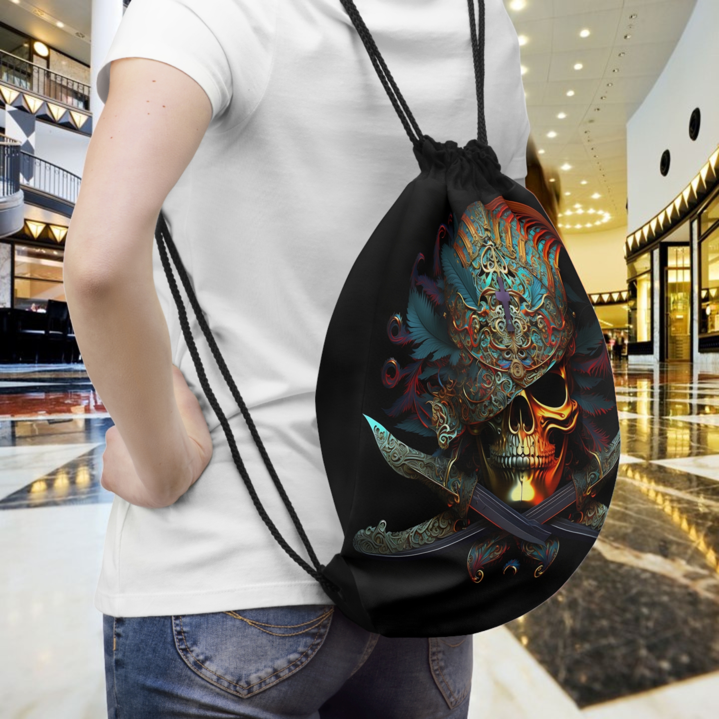 Pirate Skull With Sabres Crossing Drawstring Bag