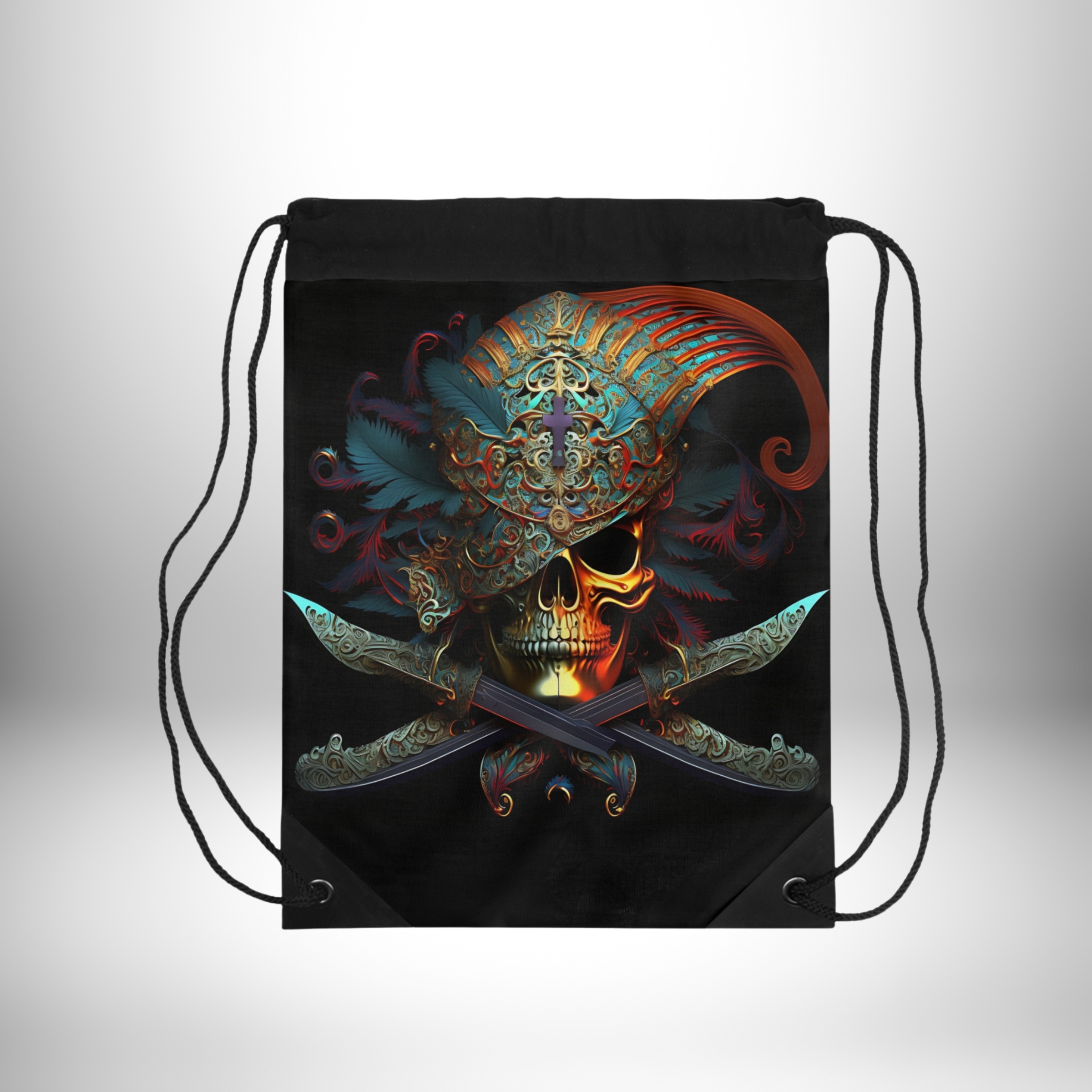 Pirate Skull With Sabres Crossing Drawstring Bag product thumbnail image Pirate Skull With Sabres Crossing Drawstring Bag product thumbnail image