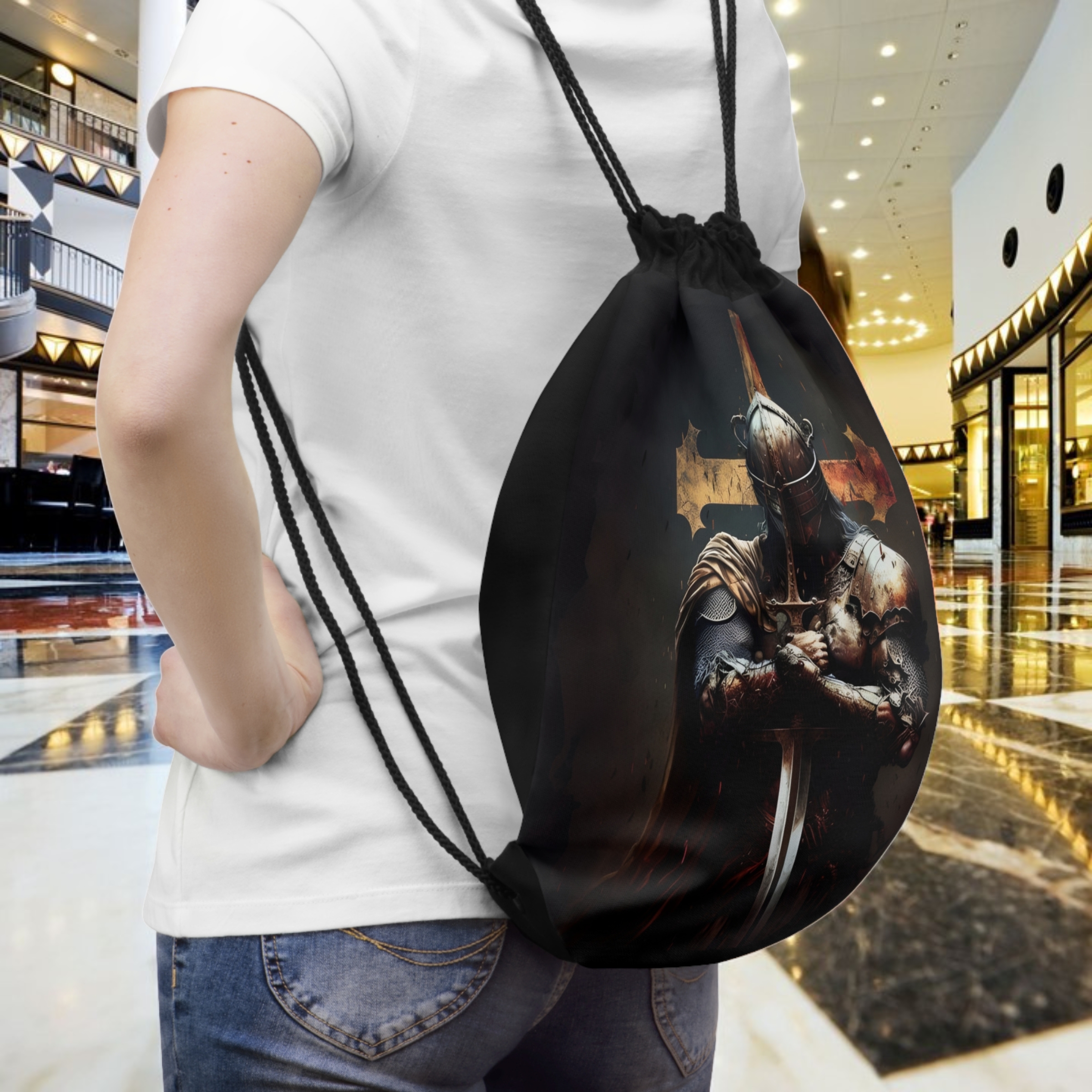 Templar Medieval Warrior With Sword in Prayer Drawstring Bag