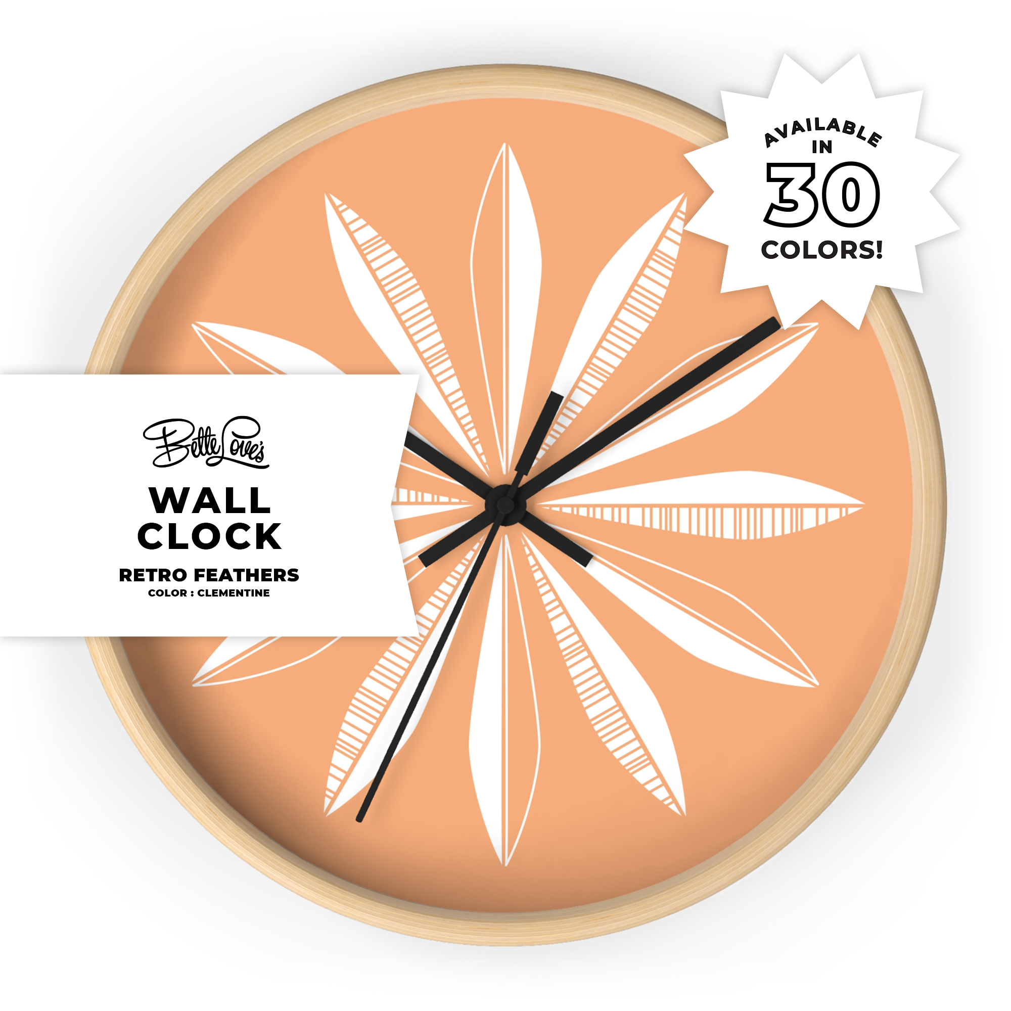 Retro Feathers Wall Clock in Clementine Retro Feathers Wall Clock in Clementine