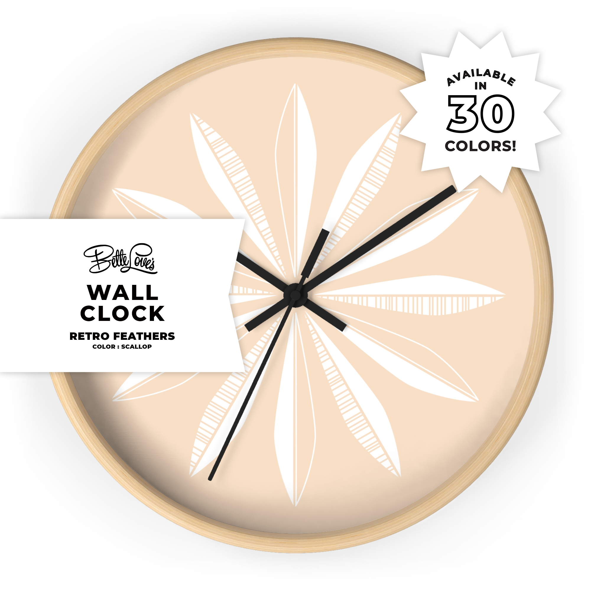 Retro Feathers Wall Clock in Scallop Retro Feathers Wall Clock in Scallop