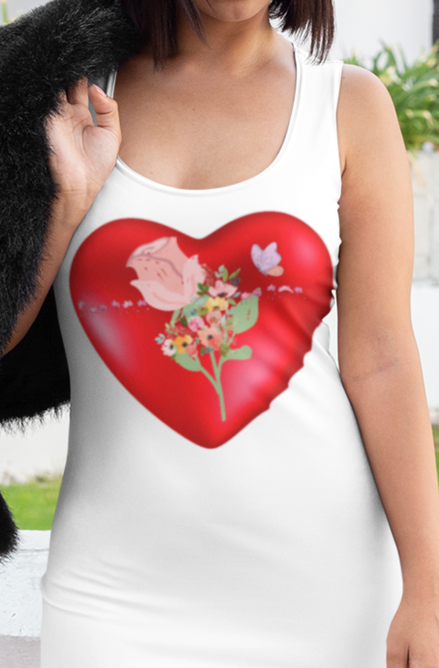 Heart Rose Floral Dress - Romantic Print Bodycon - Cute Red Love Themed Outfit - Women’s Fashion product thumbnail image