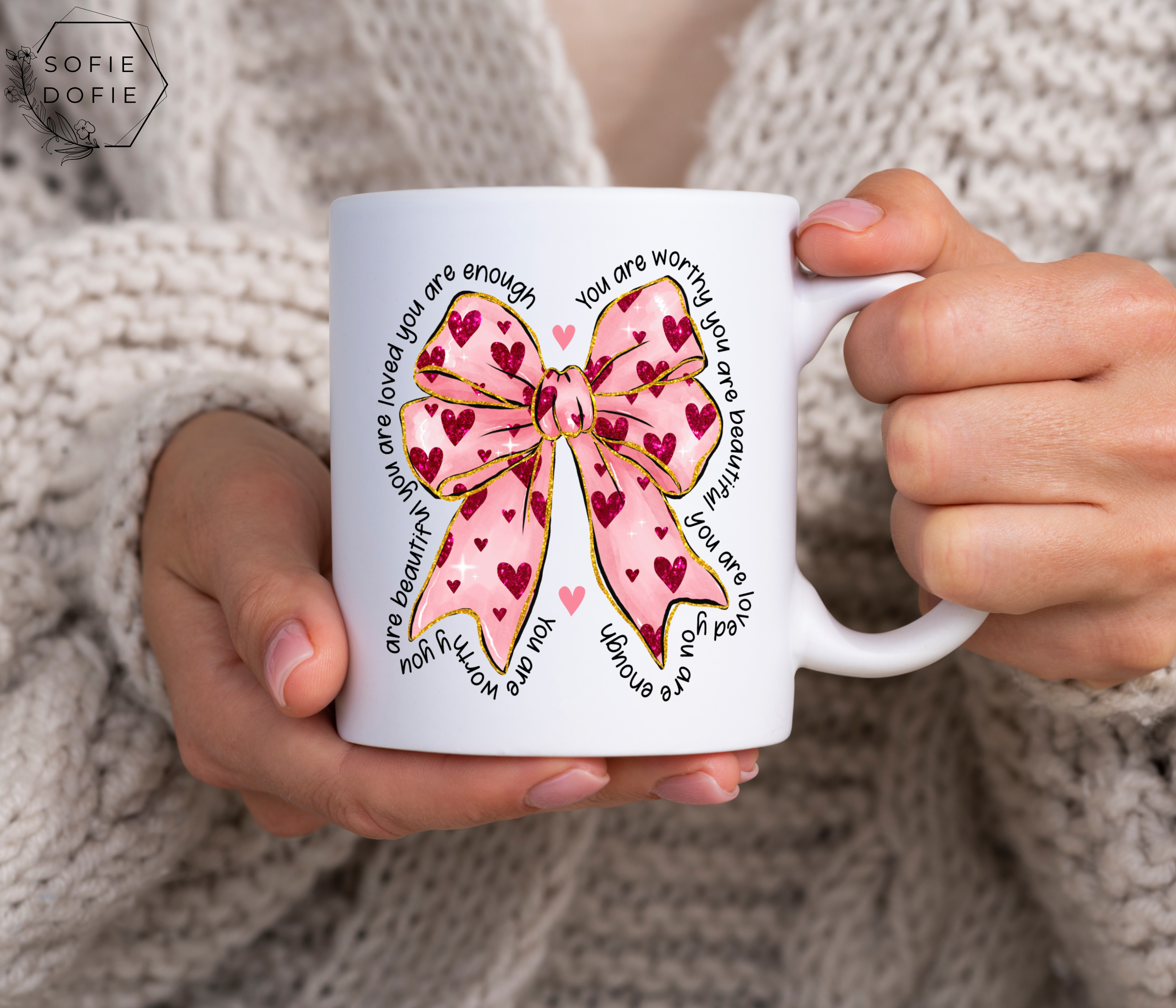 You Are Enough Mug, Inspirational Pink Bow Coffee Cup, Great Valentine’s Day Gift