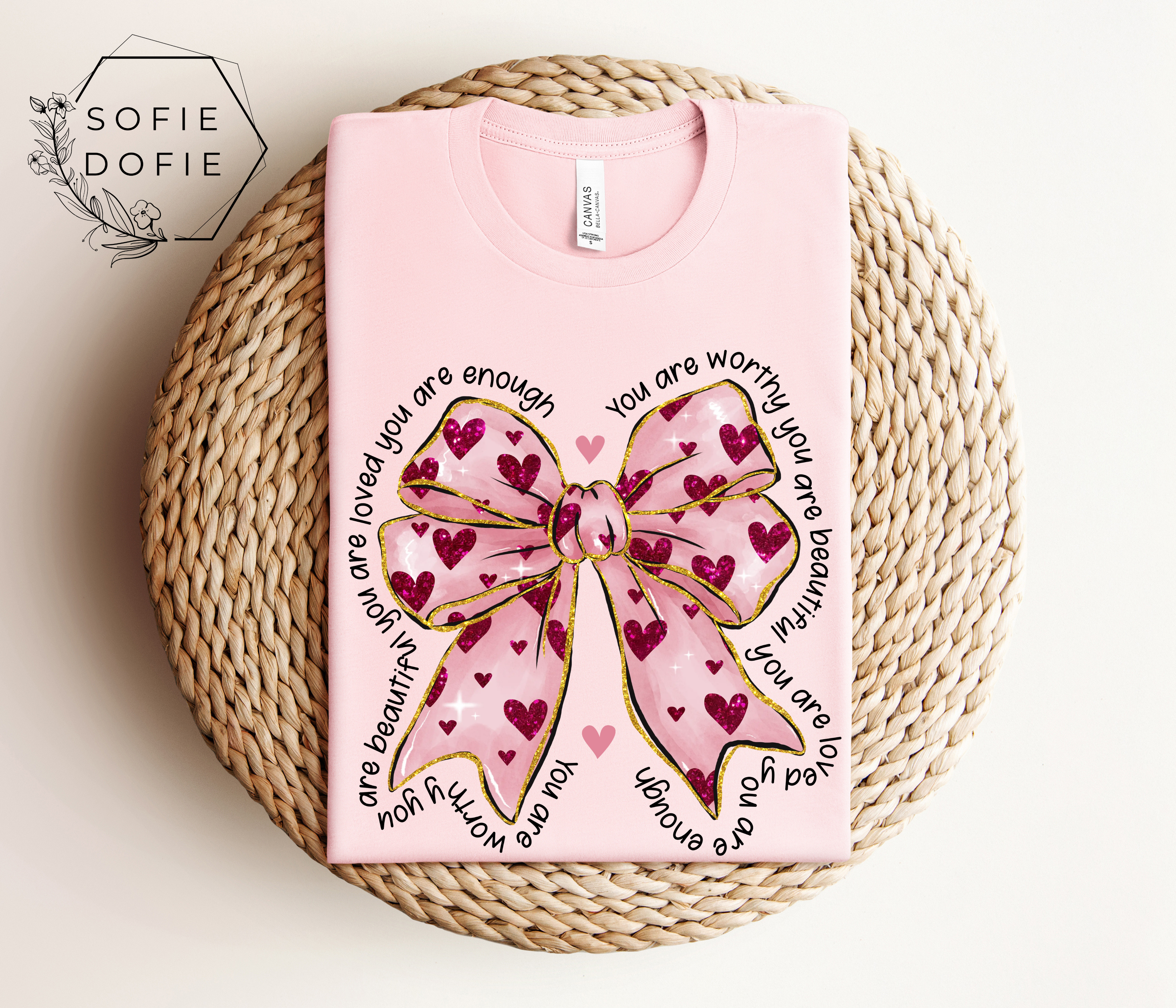 You Are Enough T-Shirt, Pink Bow Affirmation Tee, Great Valentine’s Gift