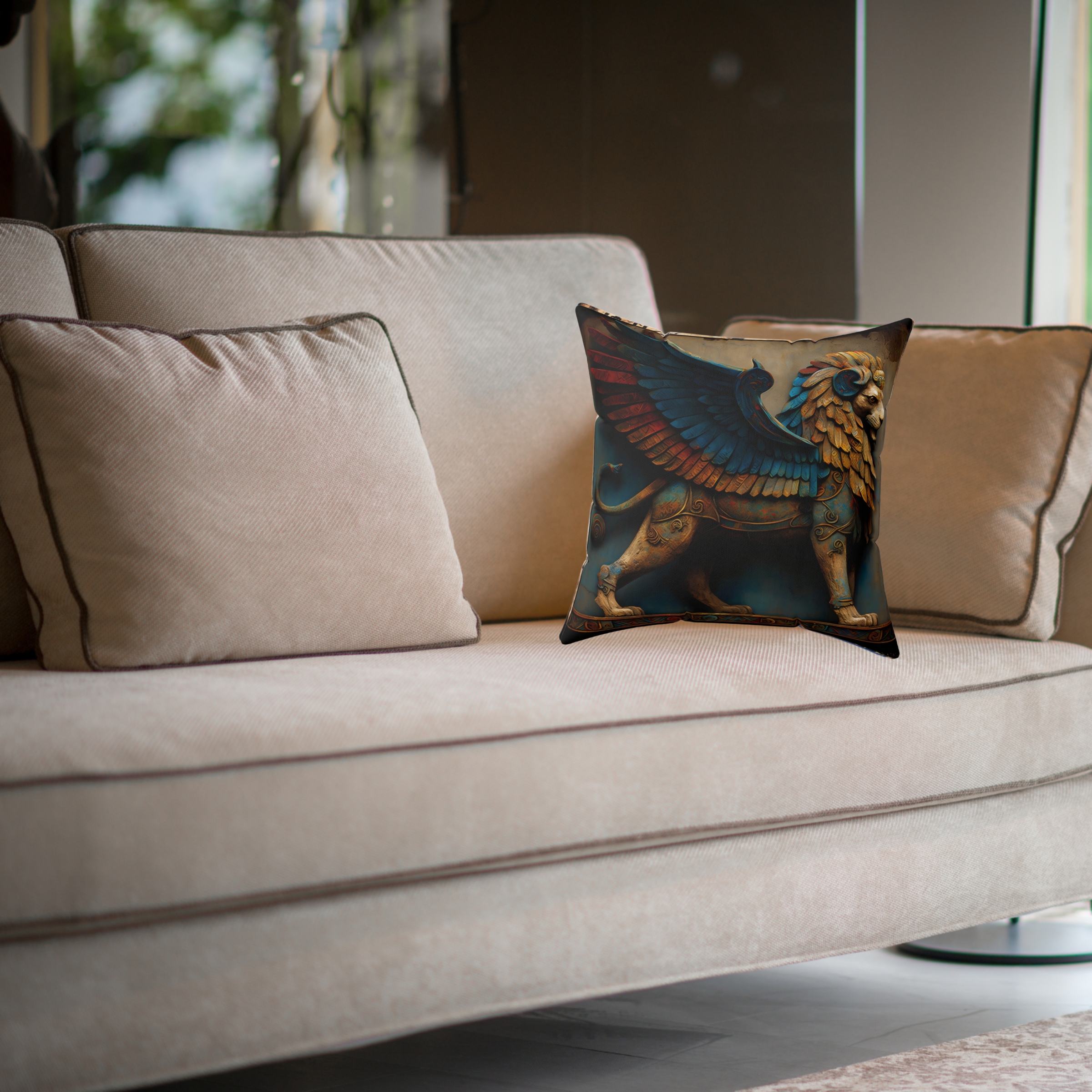 Lamassu Persian Winged Lion Polyester Square Pillow product thumbnail image Lamassu Persian Winged Lion Polyester Square Pillow product thumbnail image