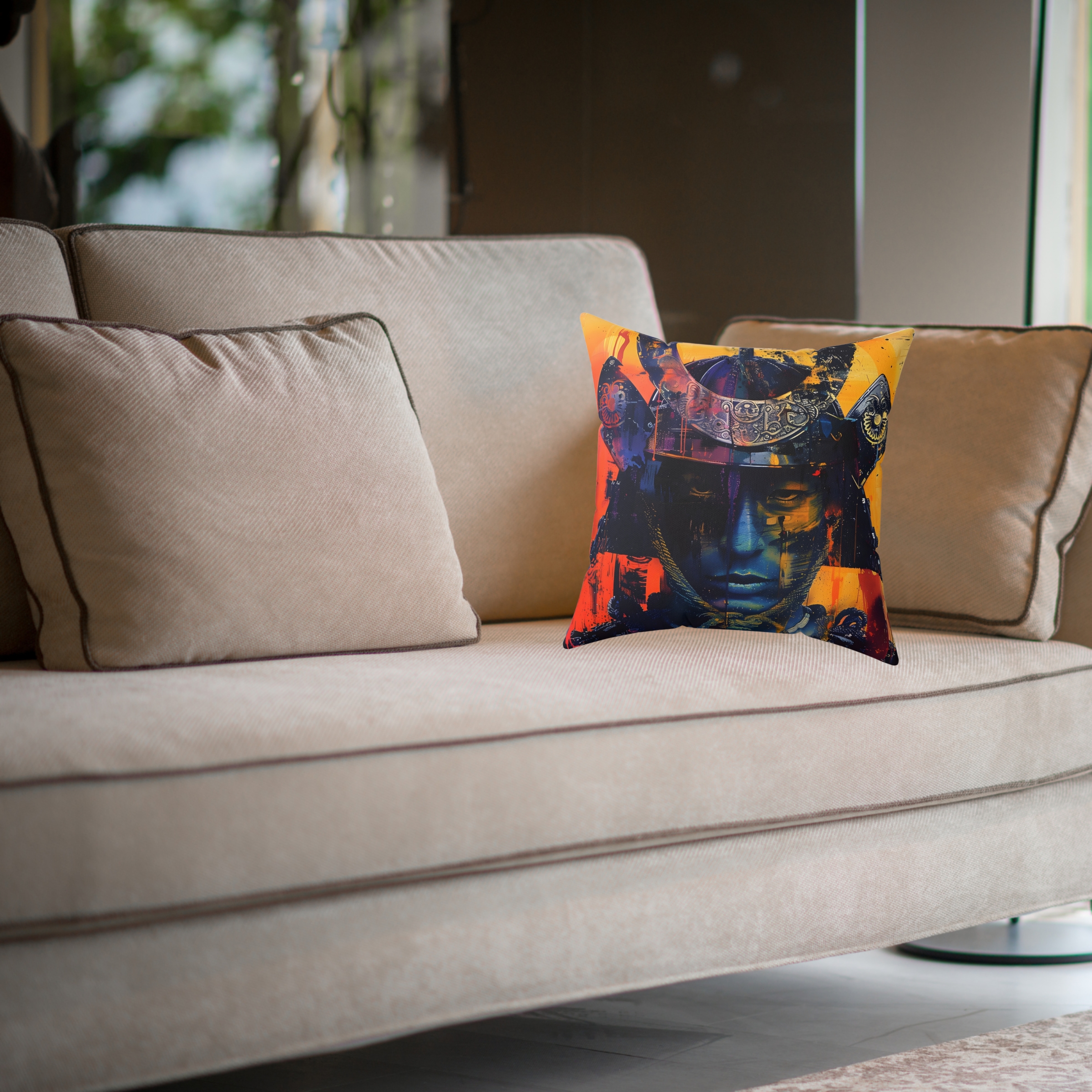 Samurai Warrior Oil Painting Spun Polyester Square Pillow