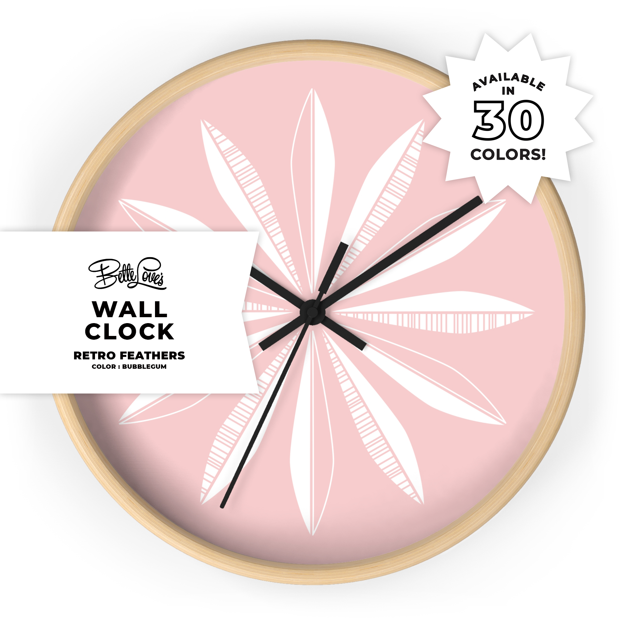 Retro Feathers Wall Clock in Bubblegum Retro Feathers Wall Clock in Bubblegum