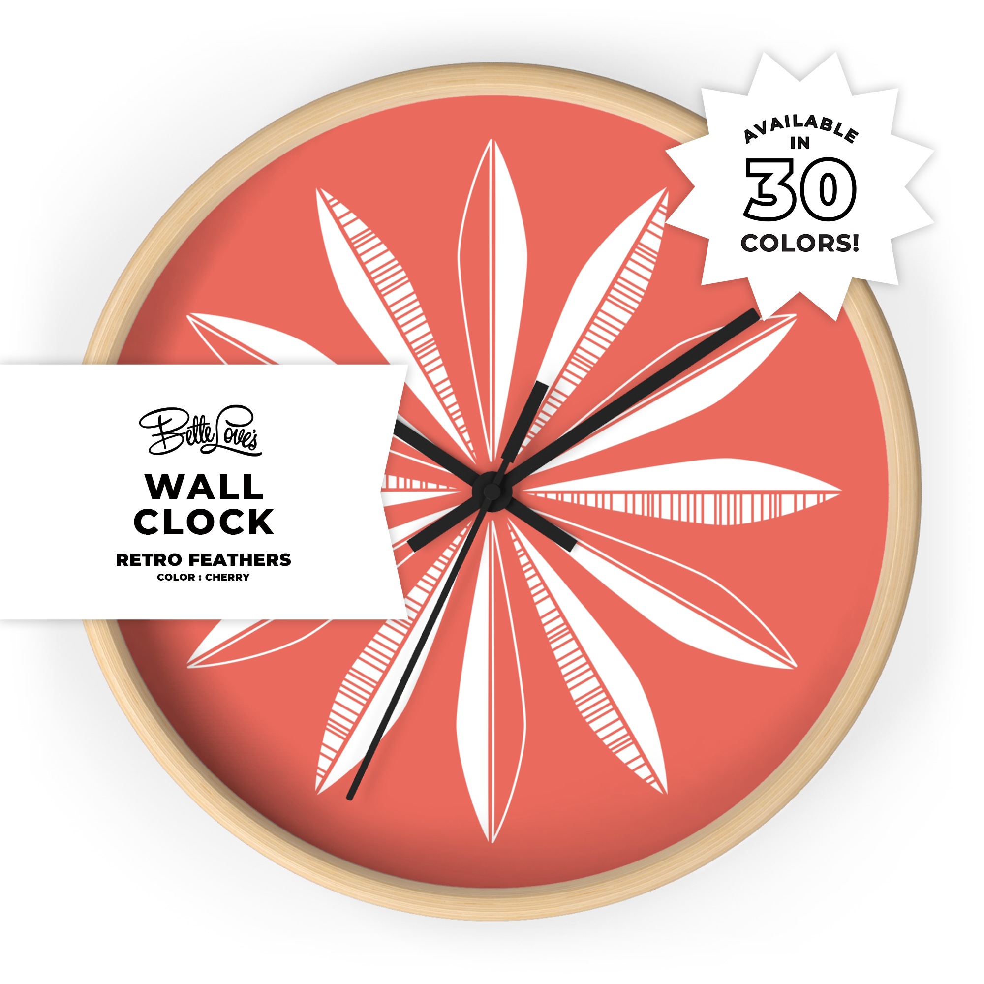 Retro Feathers Wall Clock in Cherry product thumbnail image Retro Feathers Wall Clock in Cherry product thumbnail image