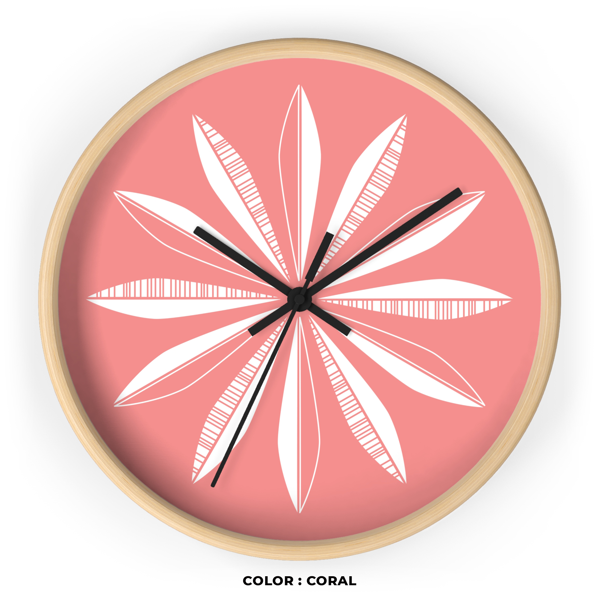 Retro Feathers Wall Clock in Coral product thumbnail image Retro Feathers Wall Clock in Coral product thumbnail image