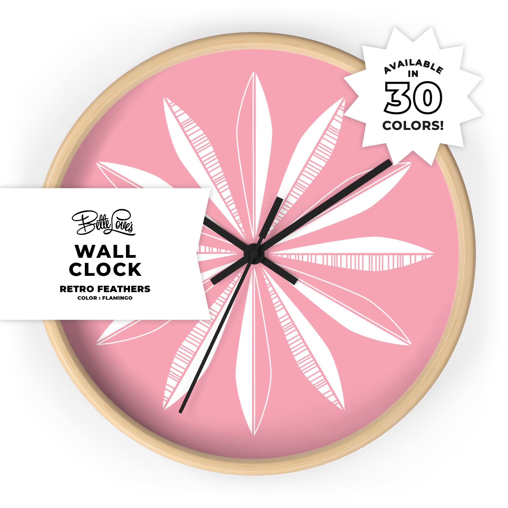 Retro Feathers Wall Clock in Flamingo product thumbnail image Retro Feathers Wall Clock in Flamingo product thumbnail image