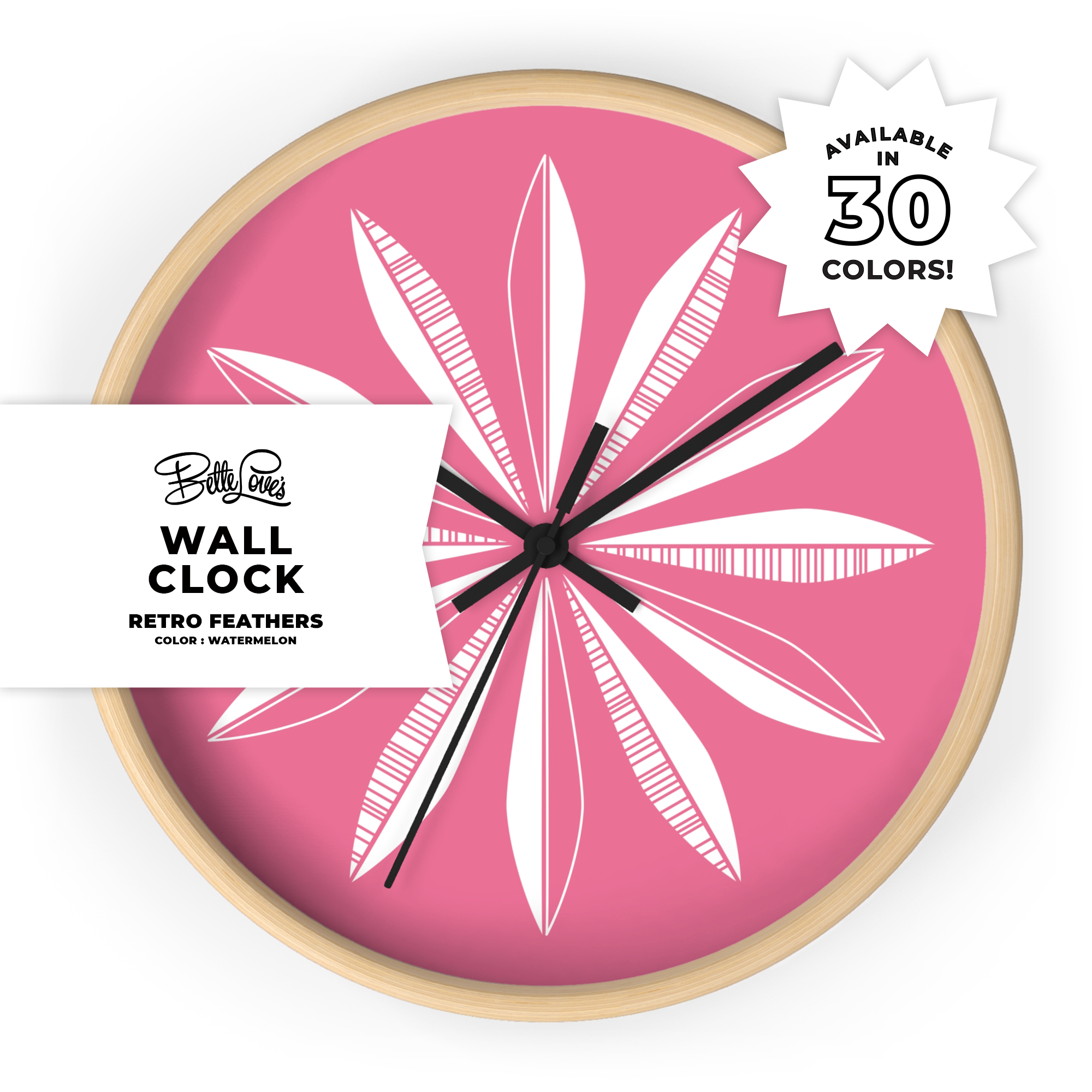 Retro Feathers Wall Clock in Watermelon Retro Feathers Wall Clock in Watermelon