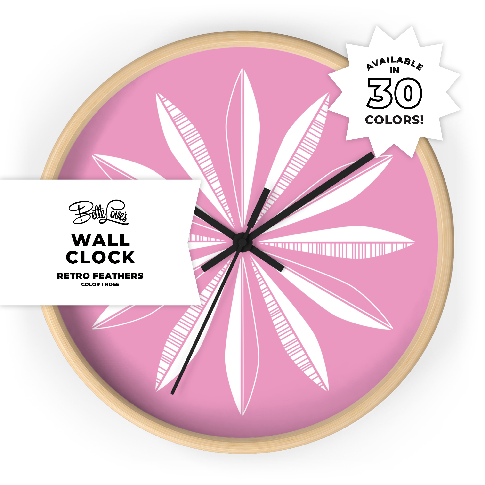 Retro Feathers Wall Clock in Rose product thumbnail image Retro Feathers Wall Clock in Rose product thumbnail image