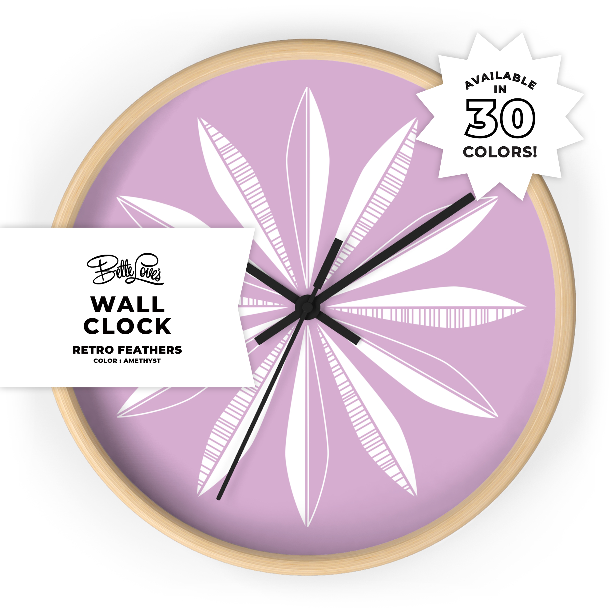 Retro Feathers Wall Clock in Amethyst Retro Feathers Wall Clock in Amethyst