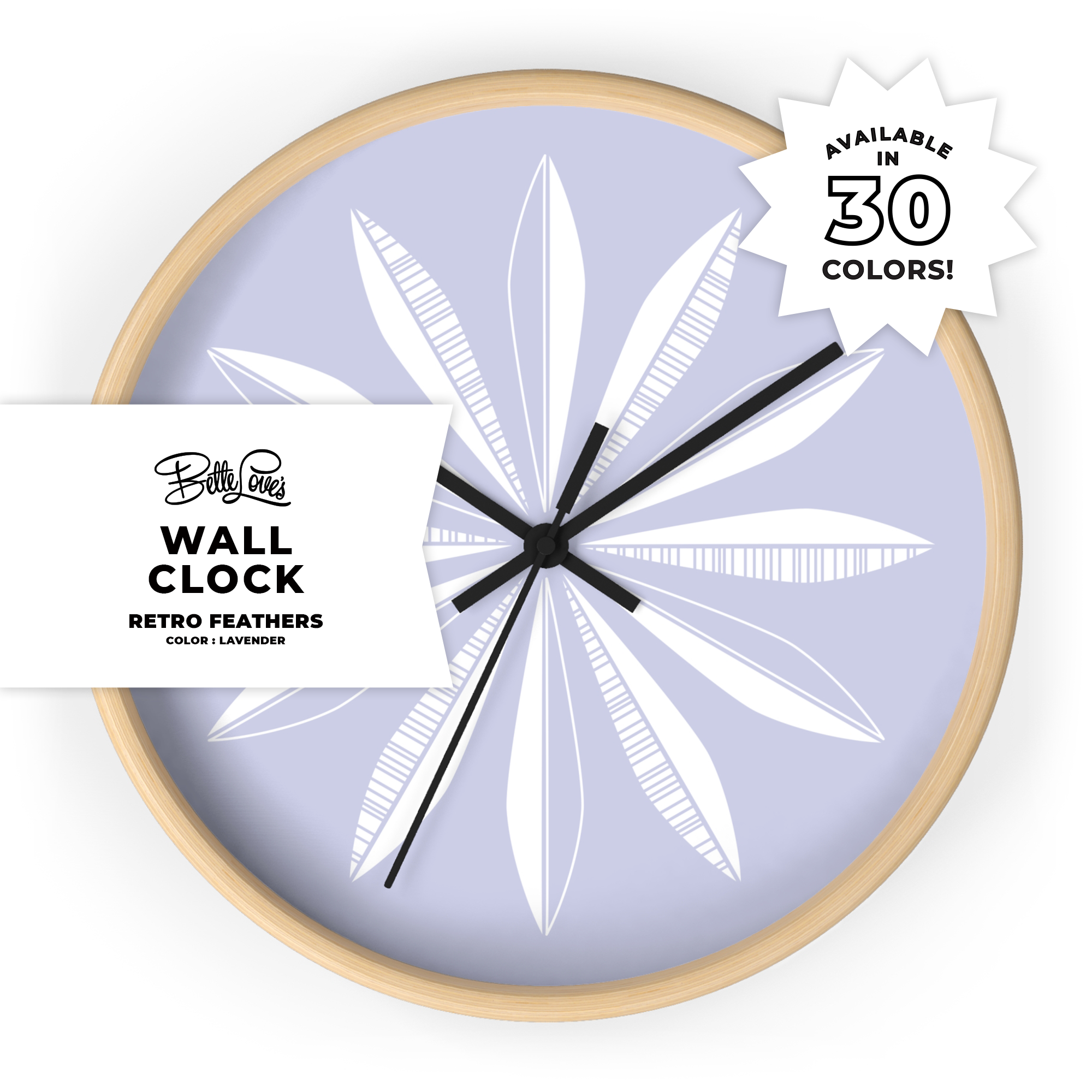 Retro Feathers Wall Clock in Lavender Retro Feathers Wall Clock in Lavender