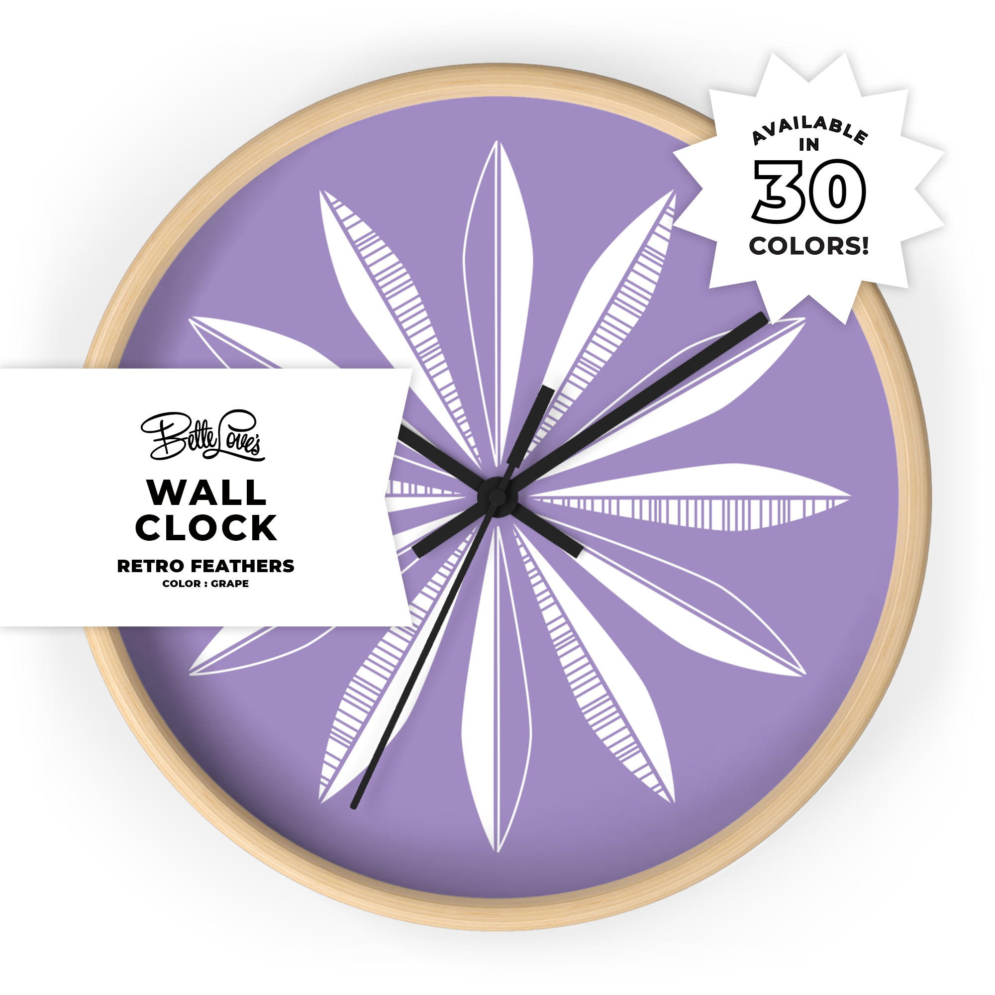 Retro Feathers Wall Clock in Grape product thumbnail image Retro Feathers Wall Clock in Grape product thumbnail image