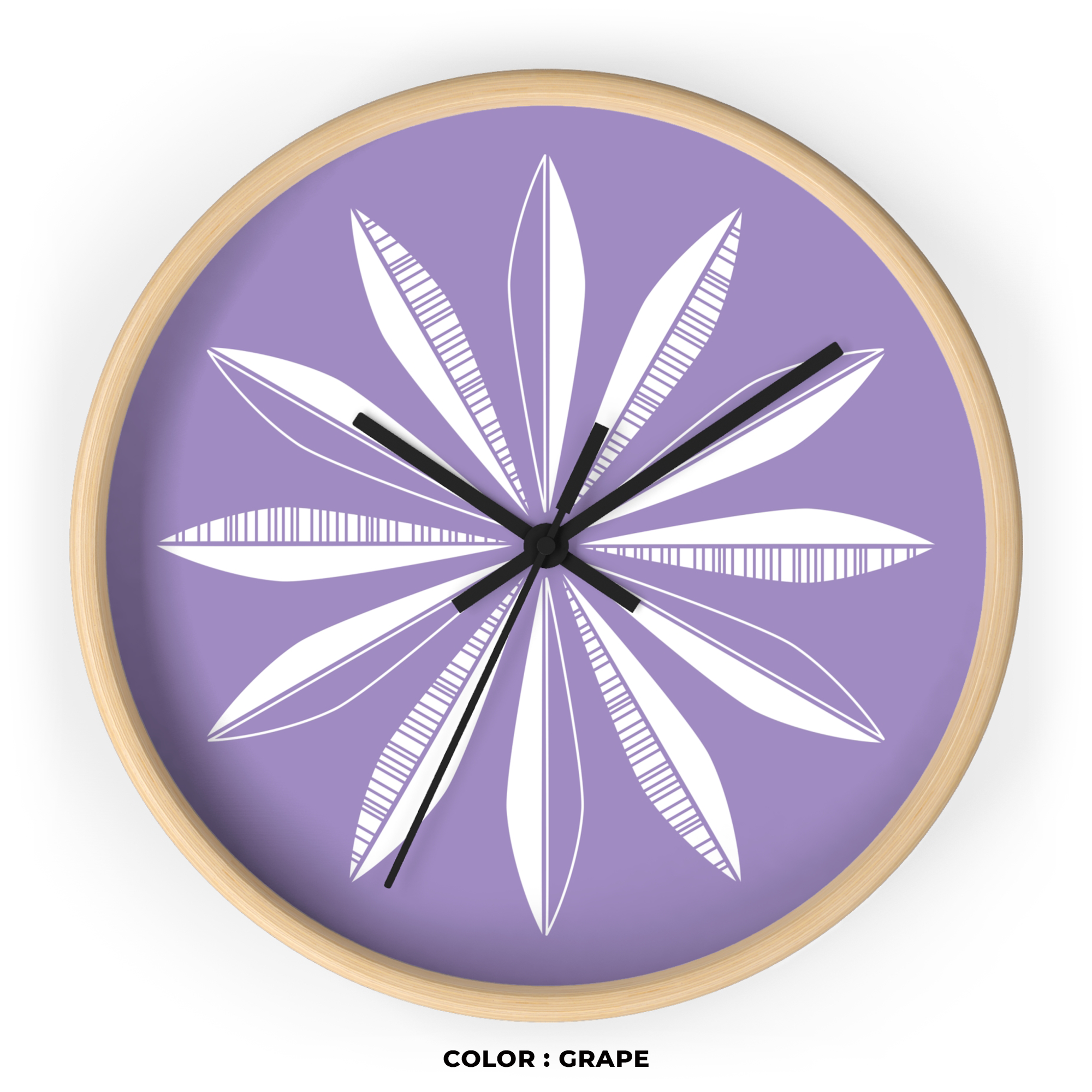 Retro Feathers Wall Clock in Grape product thumbnail image Retro Feathers Wall Clock in Grape product thumbnail image