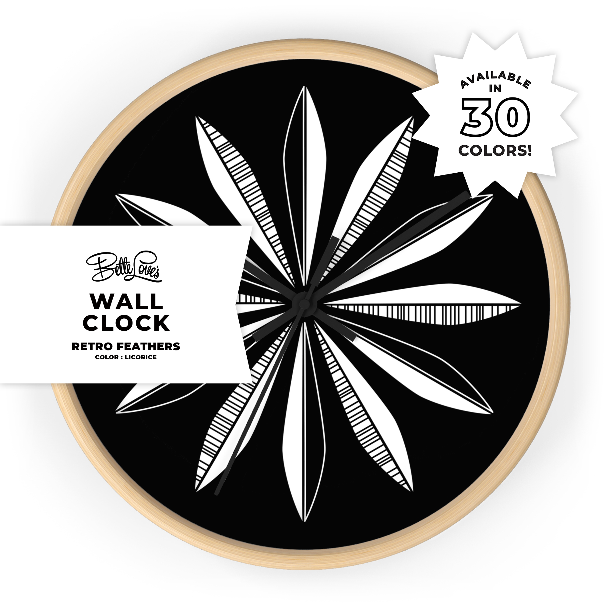 Retro Feathers Wall Clock in Licorice product thumbnail image Retro Feathers Wall Clock in Licorice product thumbnail image