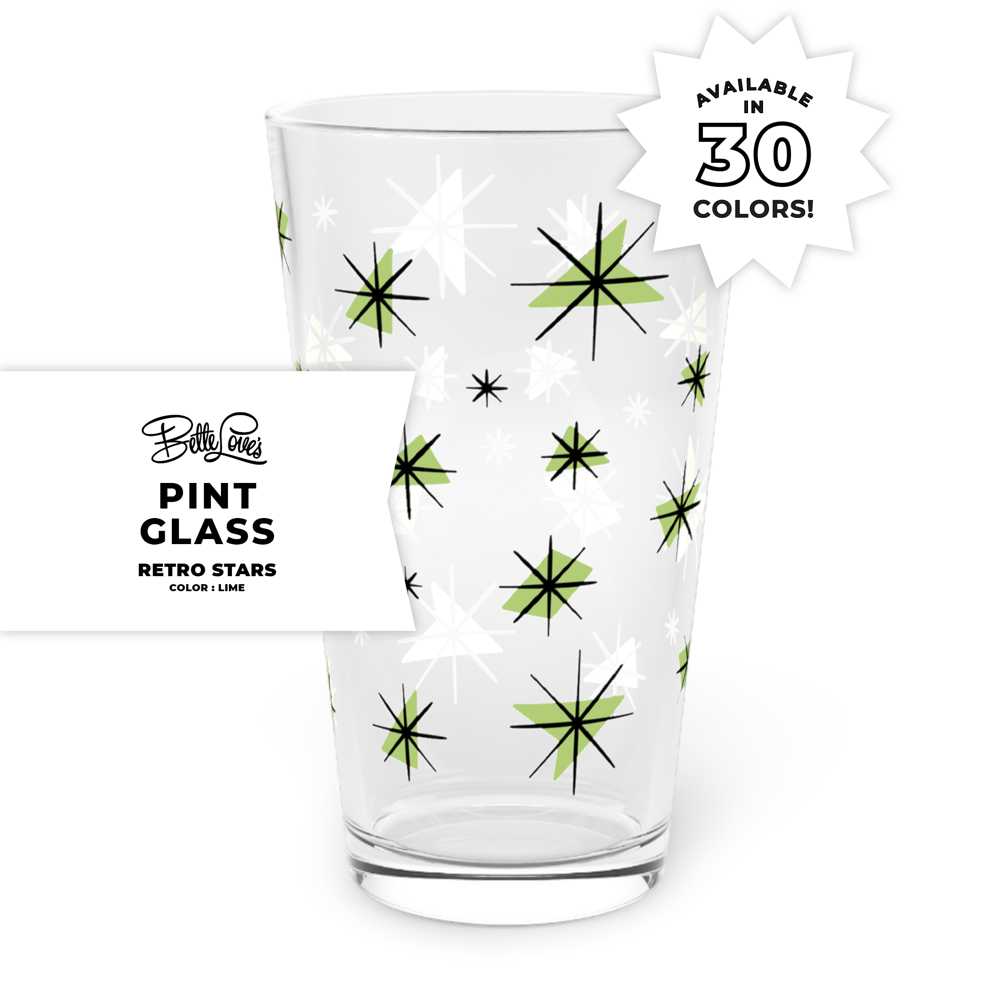 Retro Stars Pint Glass in Lime