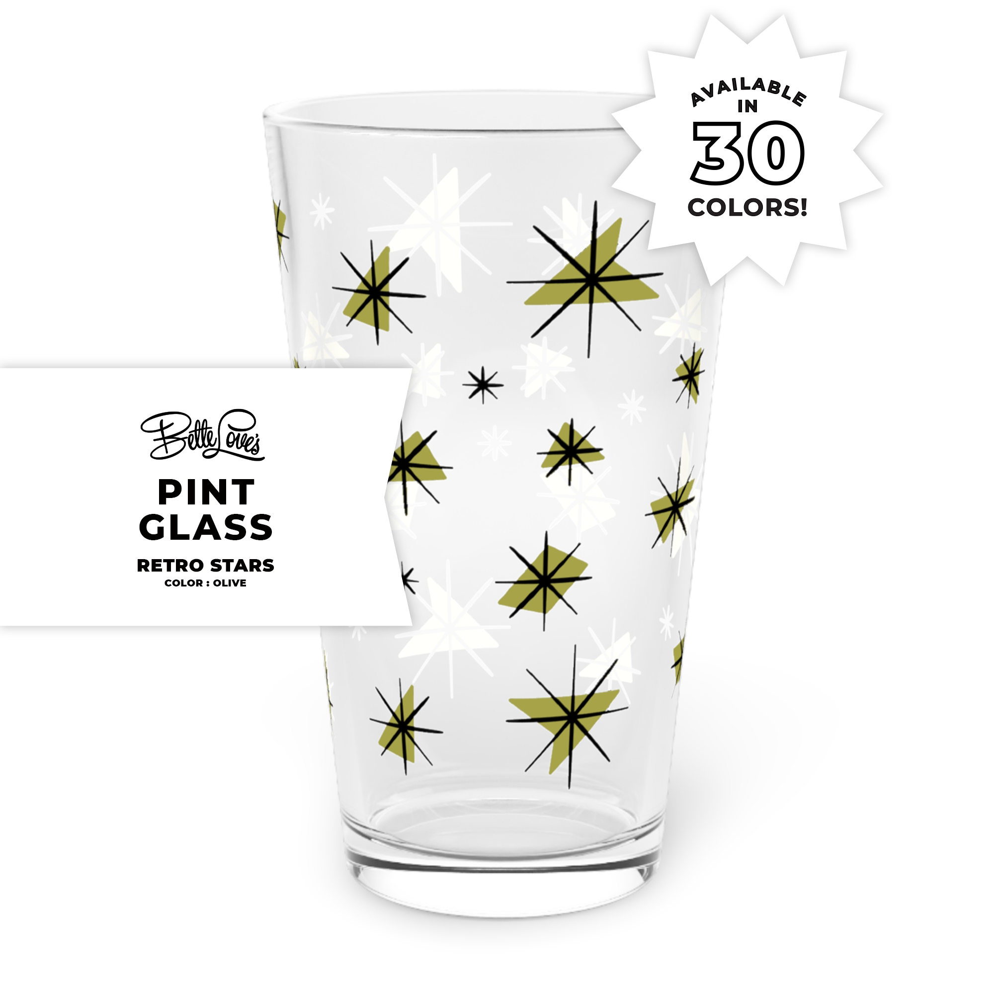 Retro Stars Pint Glass in Olive