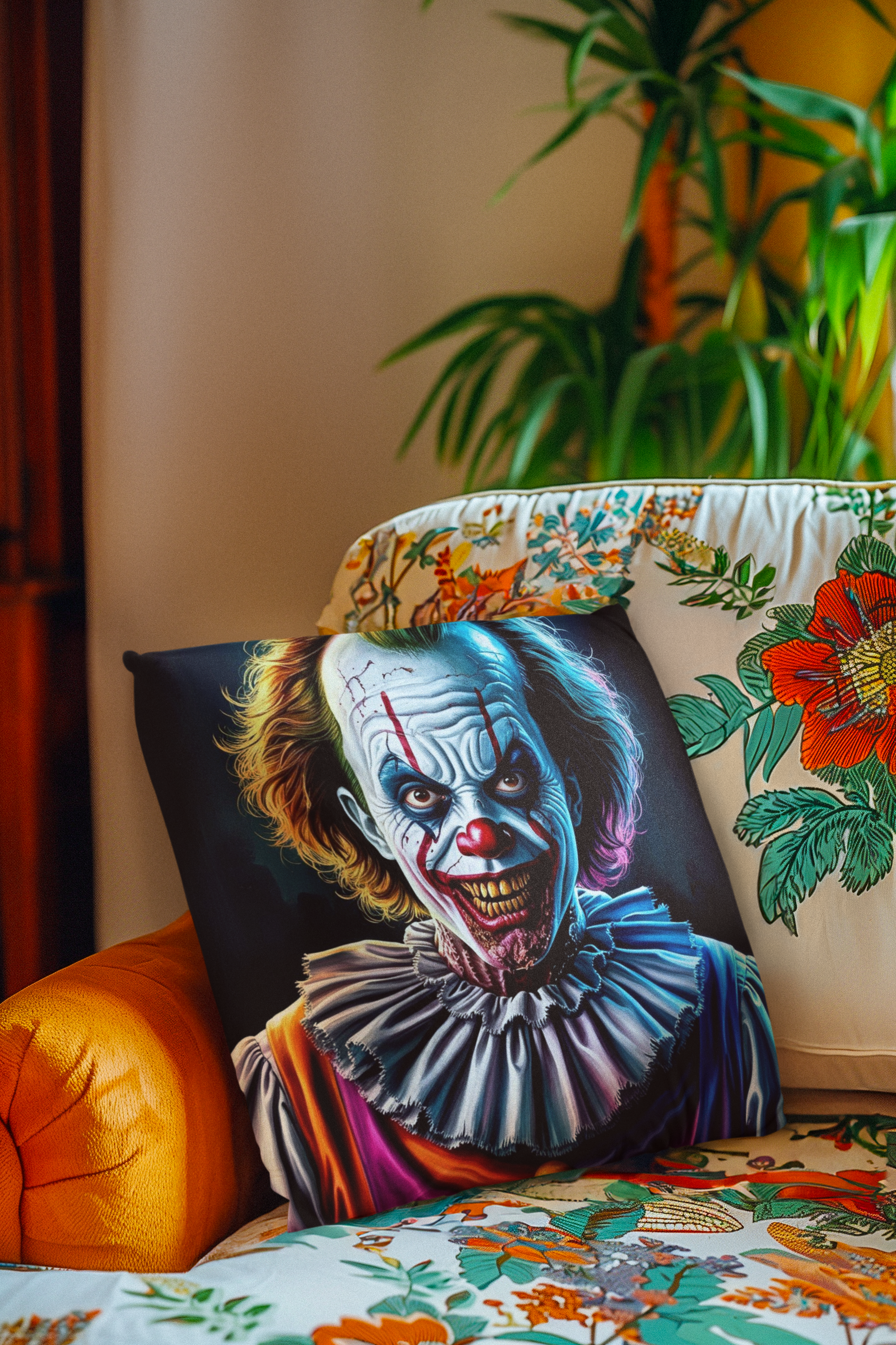 Creepy Clown Square Pillow - Spooky Home Decor, Halloween Accent, Horror Gift, Gothic Room Decor, Unique Throw Pillow
