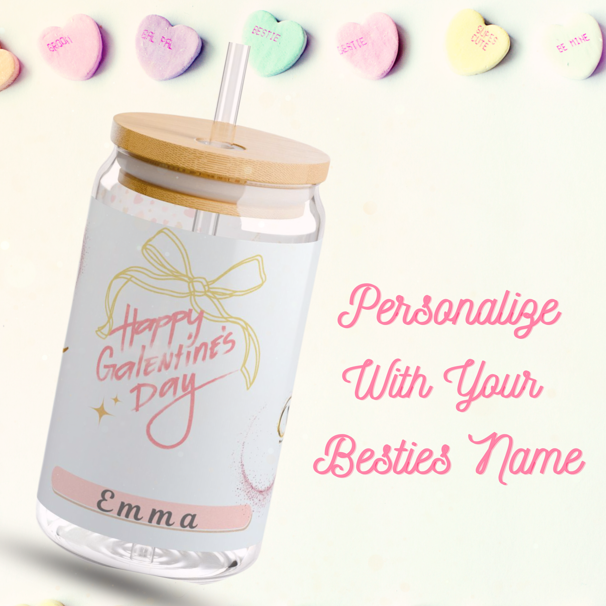 Personalized Galentine's Day Glass Tumbler with Bamboo Lid and Straw - Custom Bestie Gift - Cute Valentine's Day Cup - Reusable Iced Coffee Sipper product thumbnail image Personalized Galentine's Day Glass Tumbler with Bamboo Lid and Straw - Custom Bestie Gift - Cute Valentine's Day Cup - Reusable Iced Coffee Sipper product thumbnail image