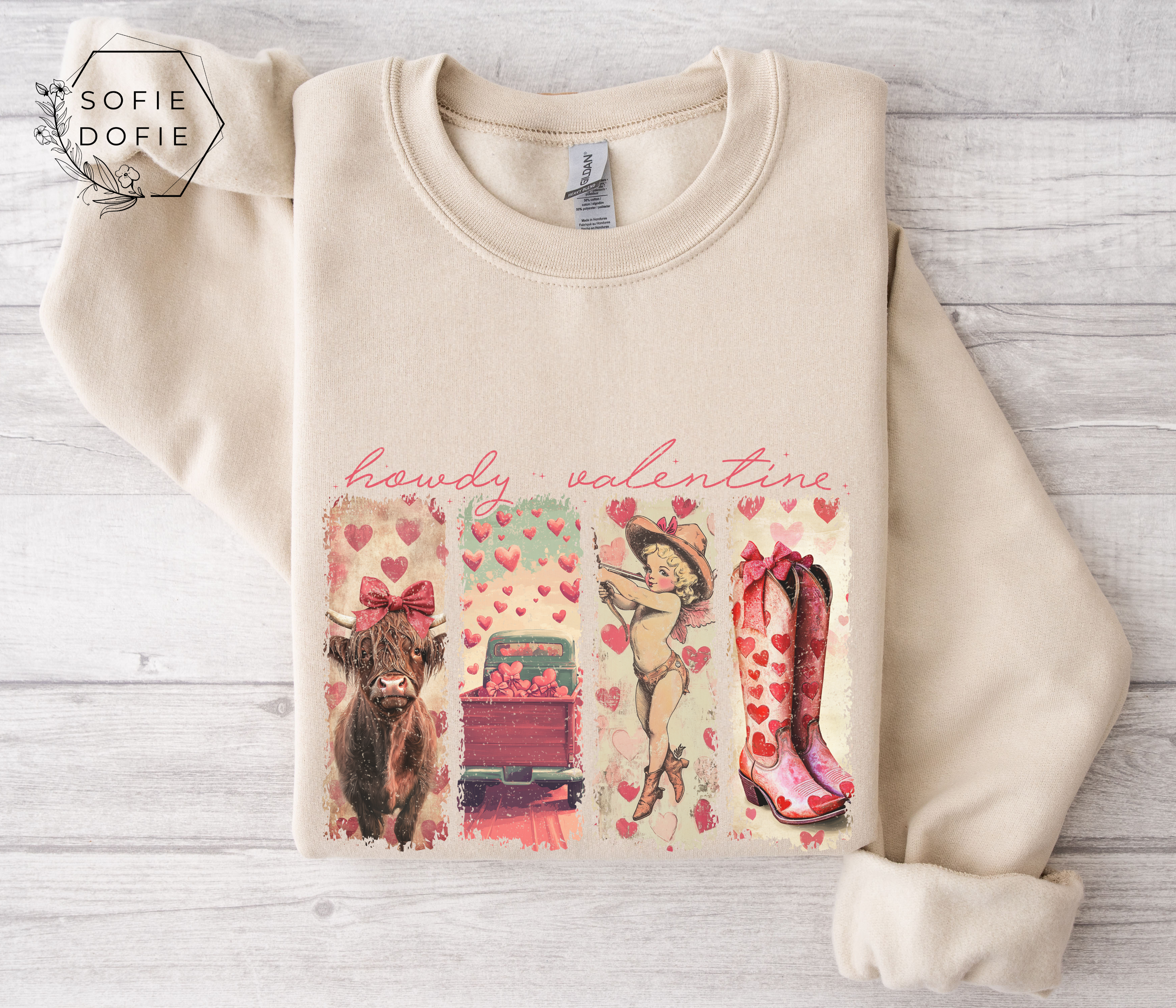 Howdy Valentine Sweatshirt, Western Highland Cow, Cupid Cowgirl, Cowboy Boots, Vintage Truck, Cute Valentine’s Day Gift