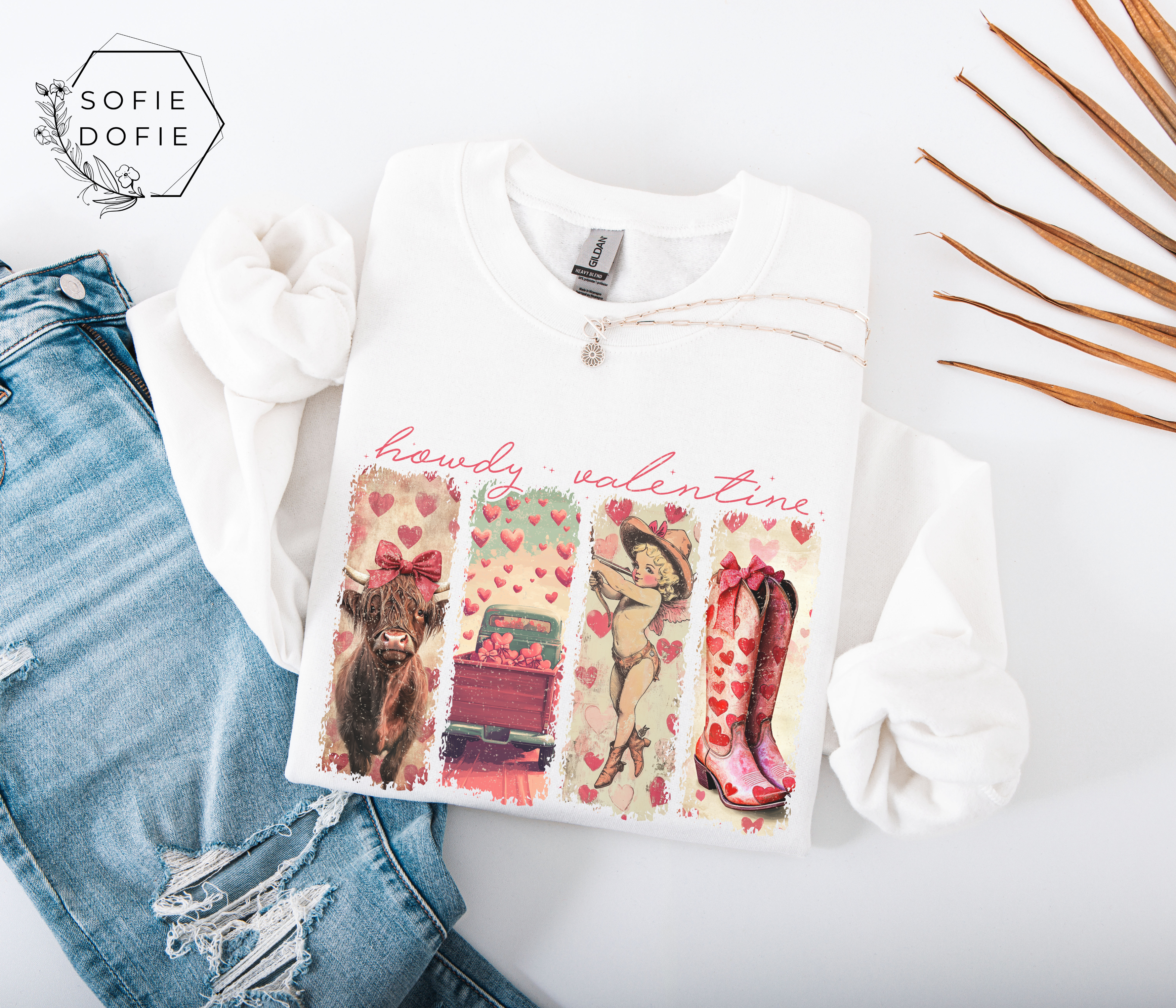 Howdy Valentine Sweatshirt, Western Highland Cow, Cupid Cowgirl, Cowboy Boots, Vintage Truck, Cute Valentine’s Day Gift product thumbnail image