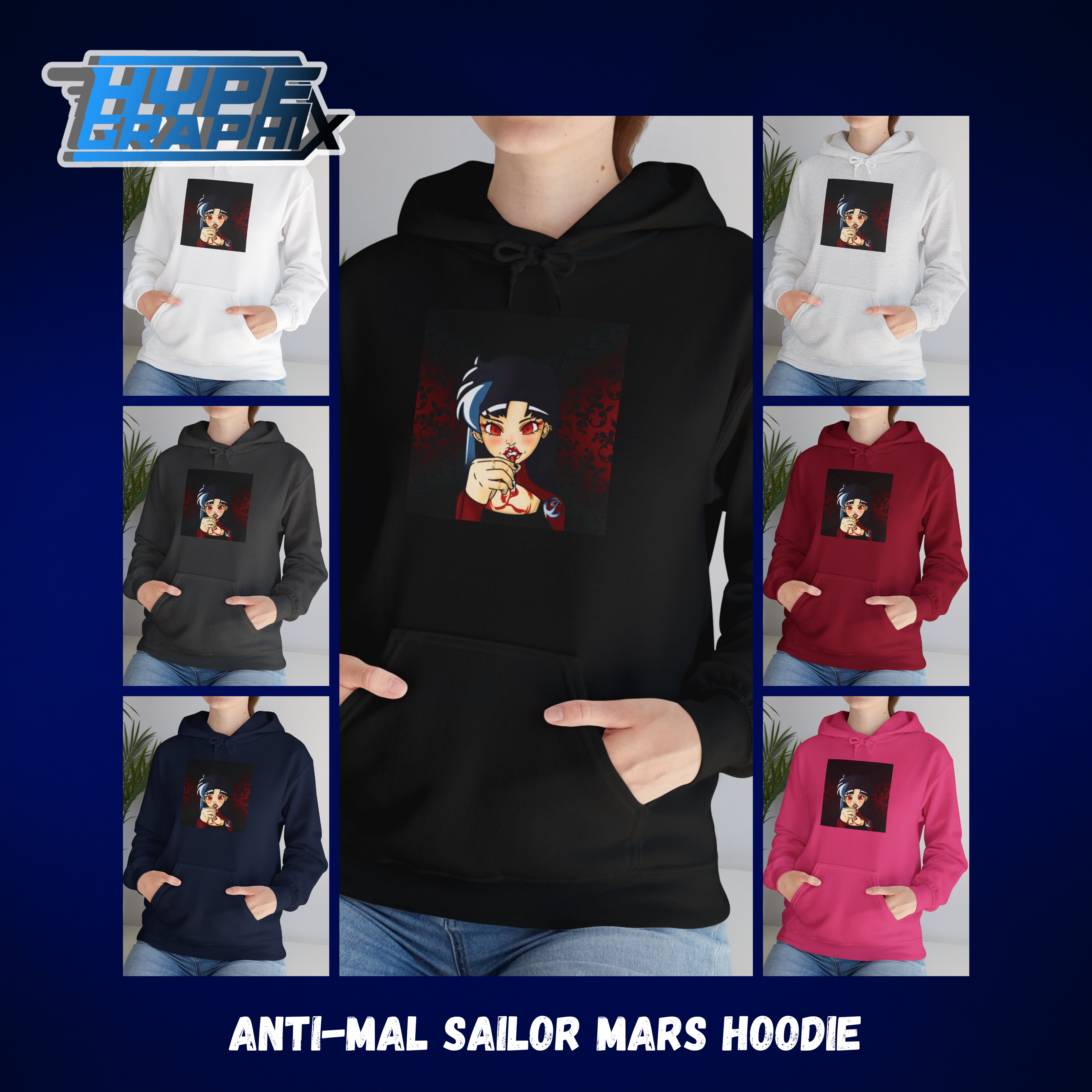 Anti-Mal Sailor Mars Unisex Heavy Blend™ Hooded Sweatshirt product thumbnail image Anti-Mal Sailor Mars Unisex Heavy Blend™ Hooded Sweatshirt product thumbnail image