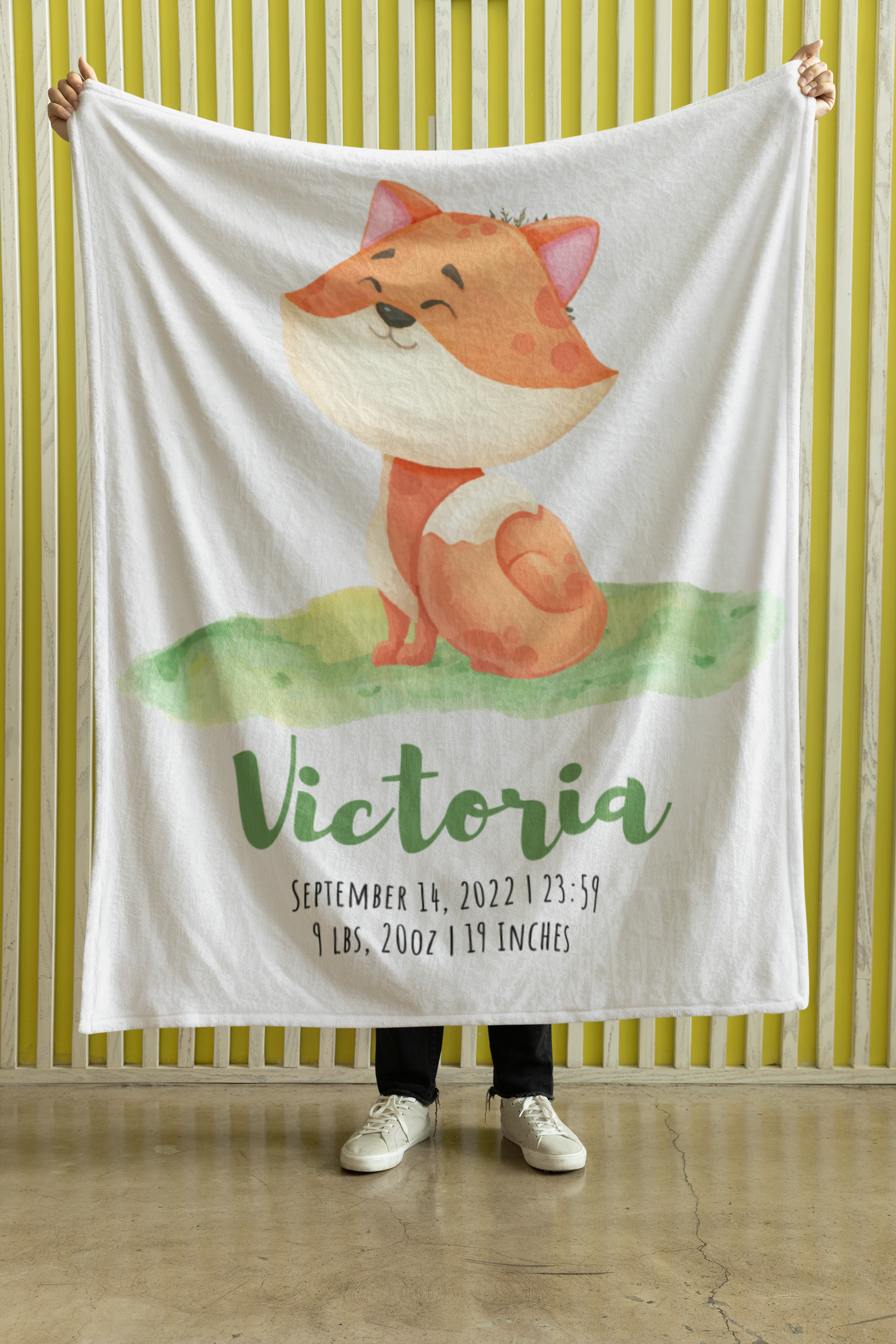 Personalized Nursery Velveteen Plush Blanket - Custom Baby Name, Birth Stats - Fox Tiger Koala Rainbow - Baby Shower Gift, Newborn Keepsake