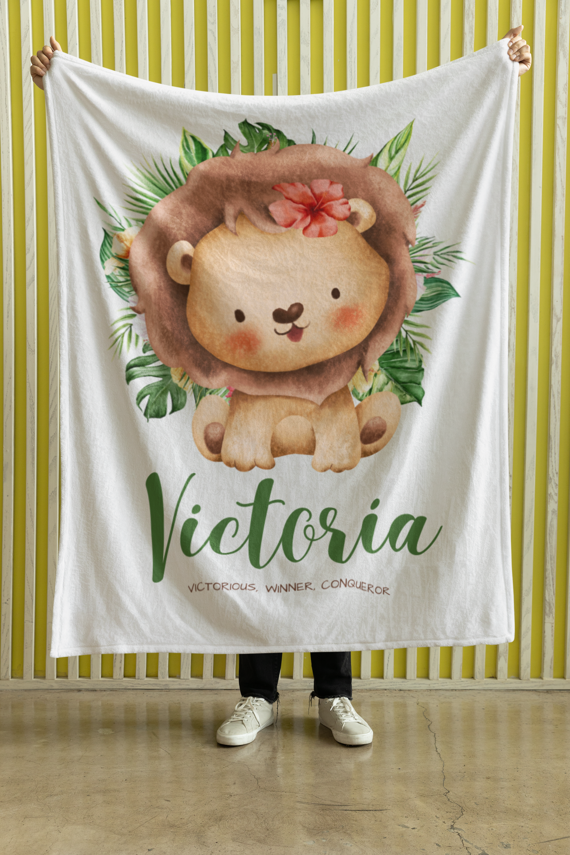 Velveteen Plush Blanket - Personalized Nursery Baby Name and Meaning, Lion and Butterfly Watercolor Design, Gift for New Parents, Baby