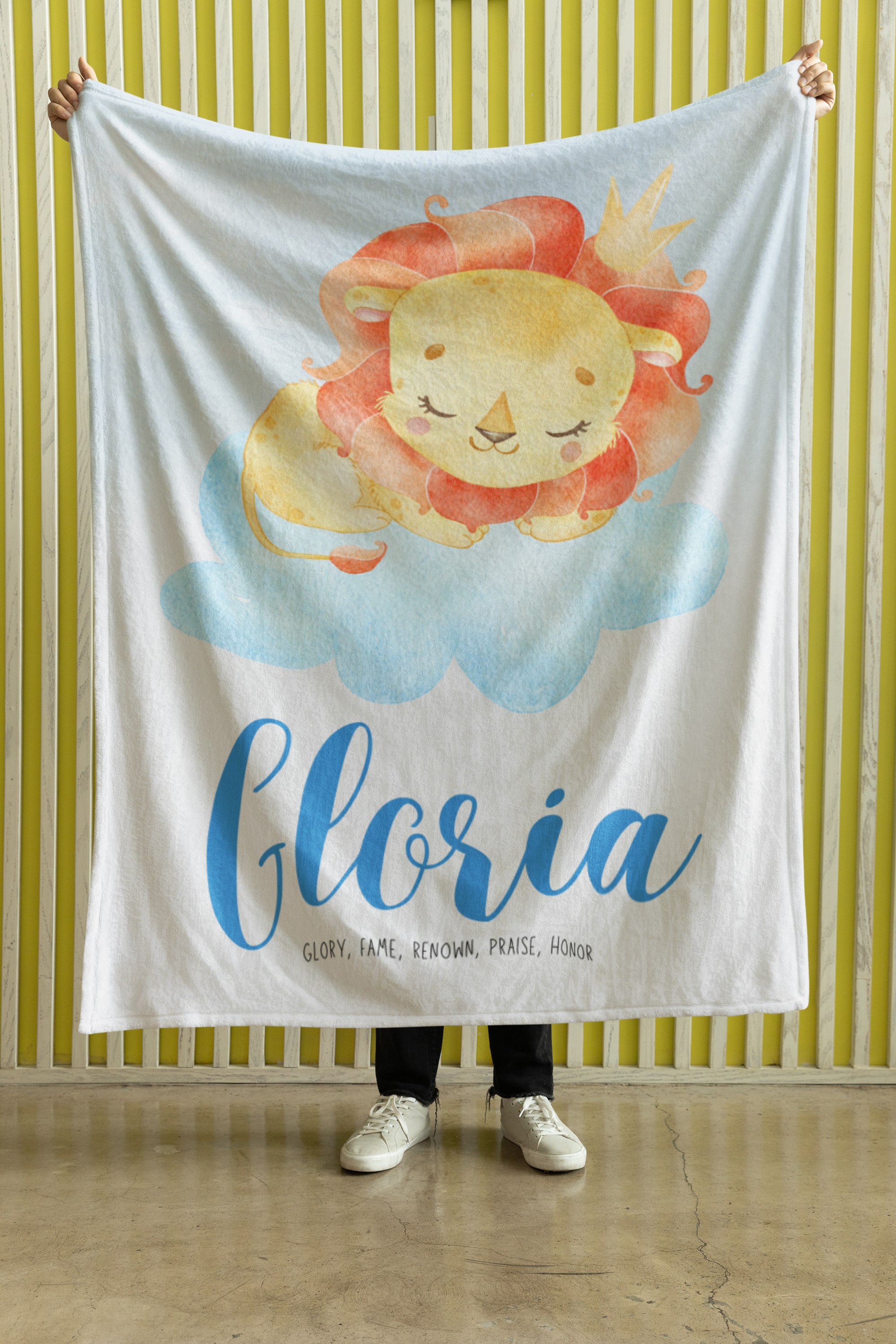 Velveteen Plush Blanket - Personalized Nursery Baby Name and Meaning, Lion and Butterfly Watercolor Design, Gift for New Parents, Baby product thumbnail image