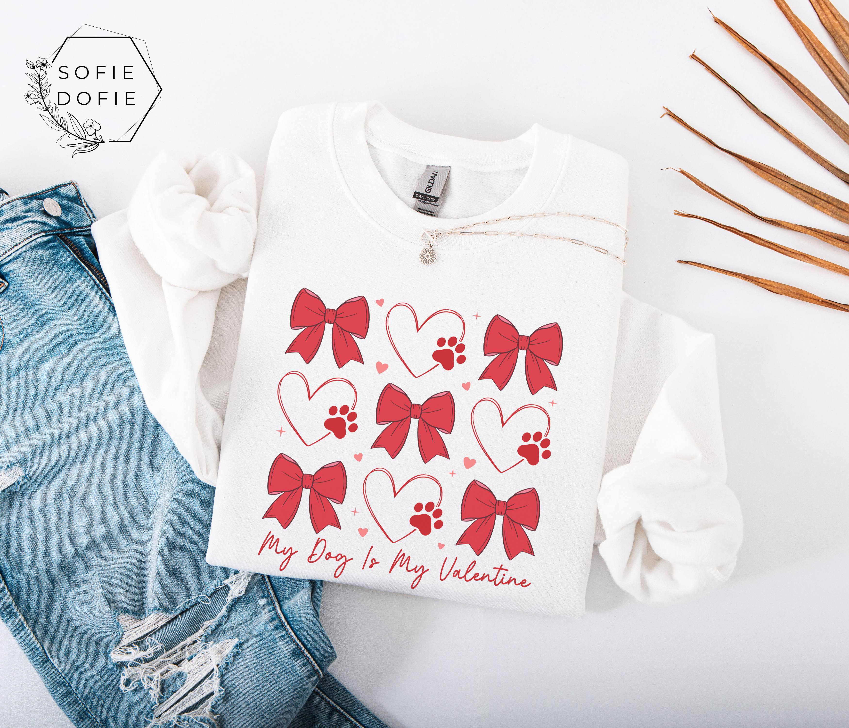 Crewneck Sweatshirt My Dog Is My Valentine Shirt Paw Prints Bows Hearts Cute Valentine’s Day Gift product thumbnail image