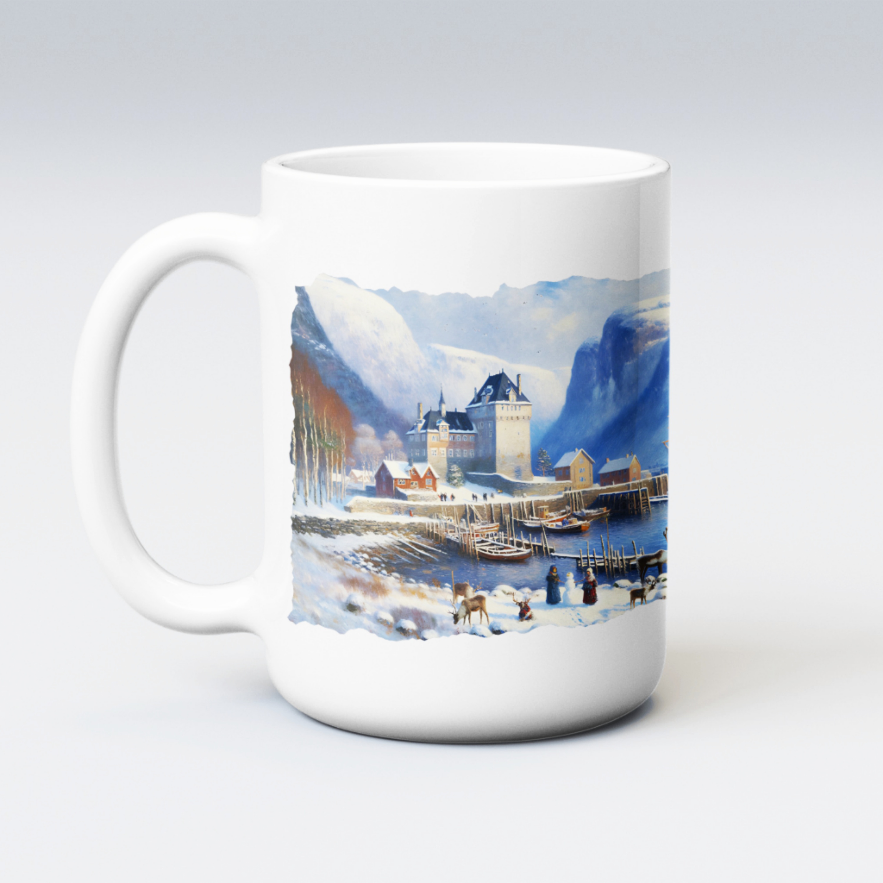 Ice Frozen Snow-Covered Castle and Large Sailing boat with Reindeer and Children Building a Snowman - Ceramic Mug (15oz)