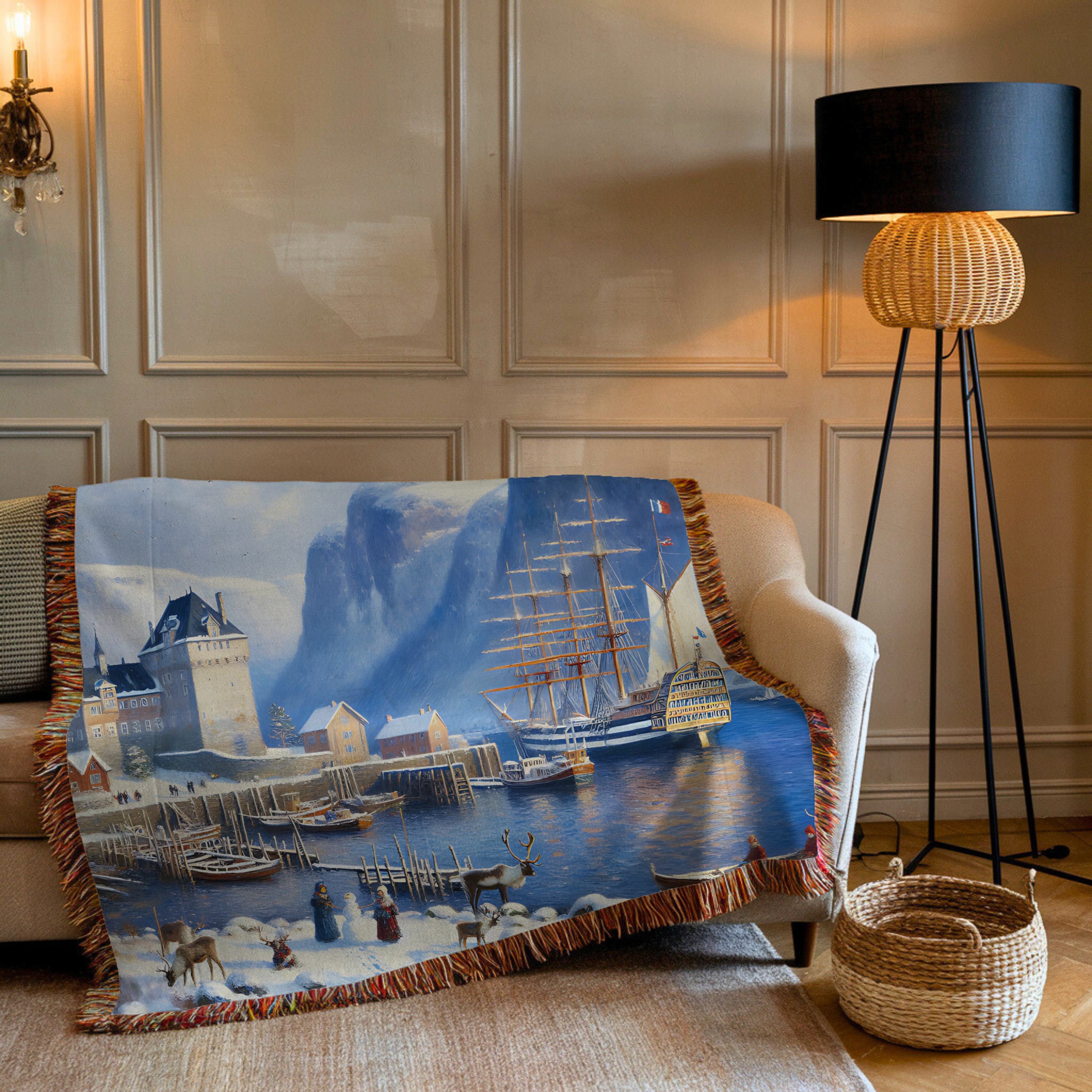 Ice Frozen Snow-Covered Castle and Large Sailing boat with Reindeer and Children Building a Snowman - Woven Blanket