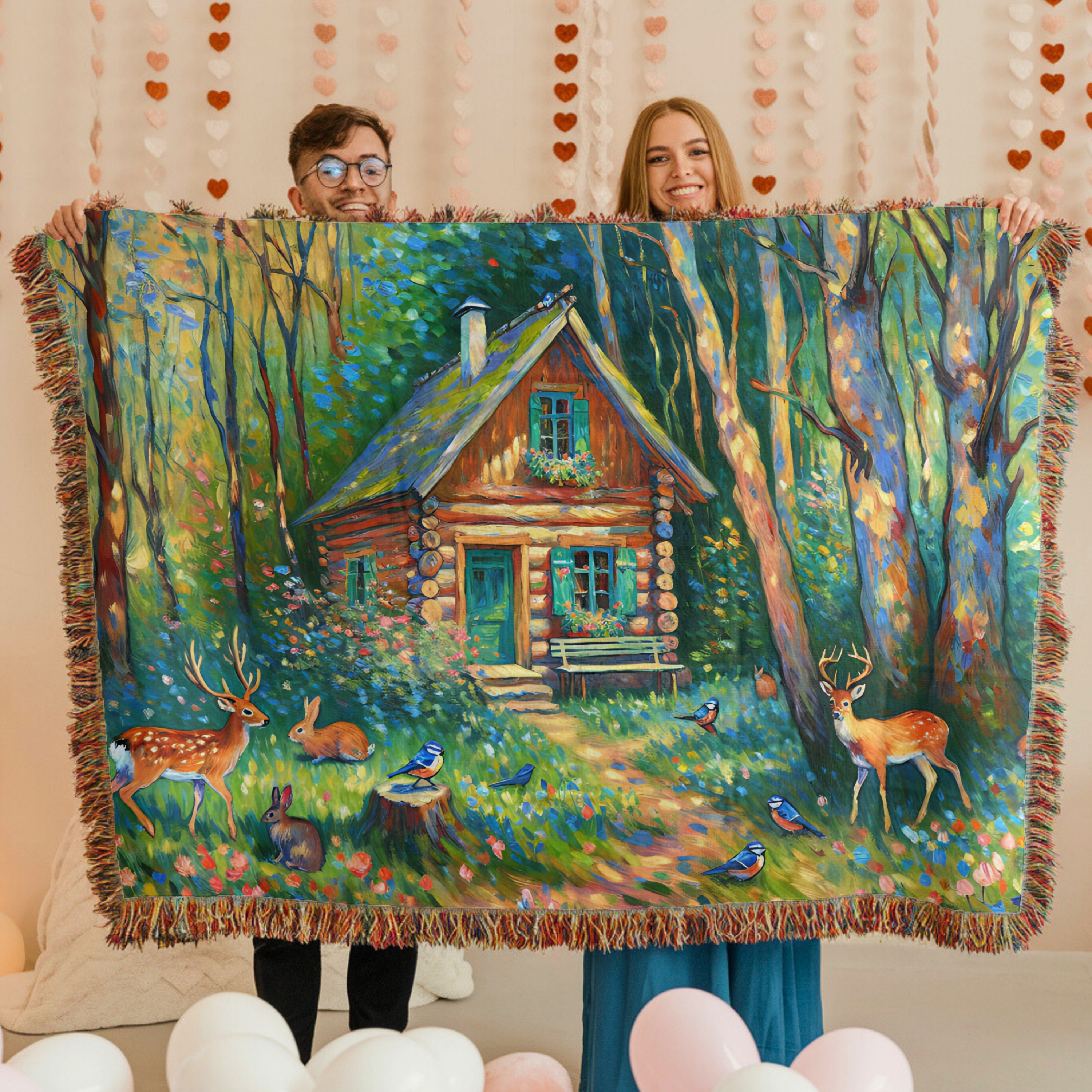 Snow White & Dwarf's Forest Cottage with Deer, Rabbits, and Birds- Woven Blanket product thumbnail image Snow White & Dwarf's Forest Cottage with Deer, Rabbits, and Birds- Woven Blanket product thumbnail image