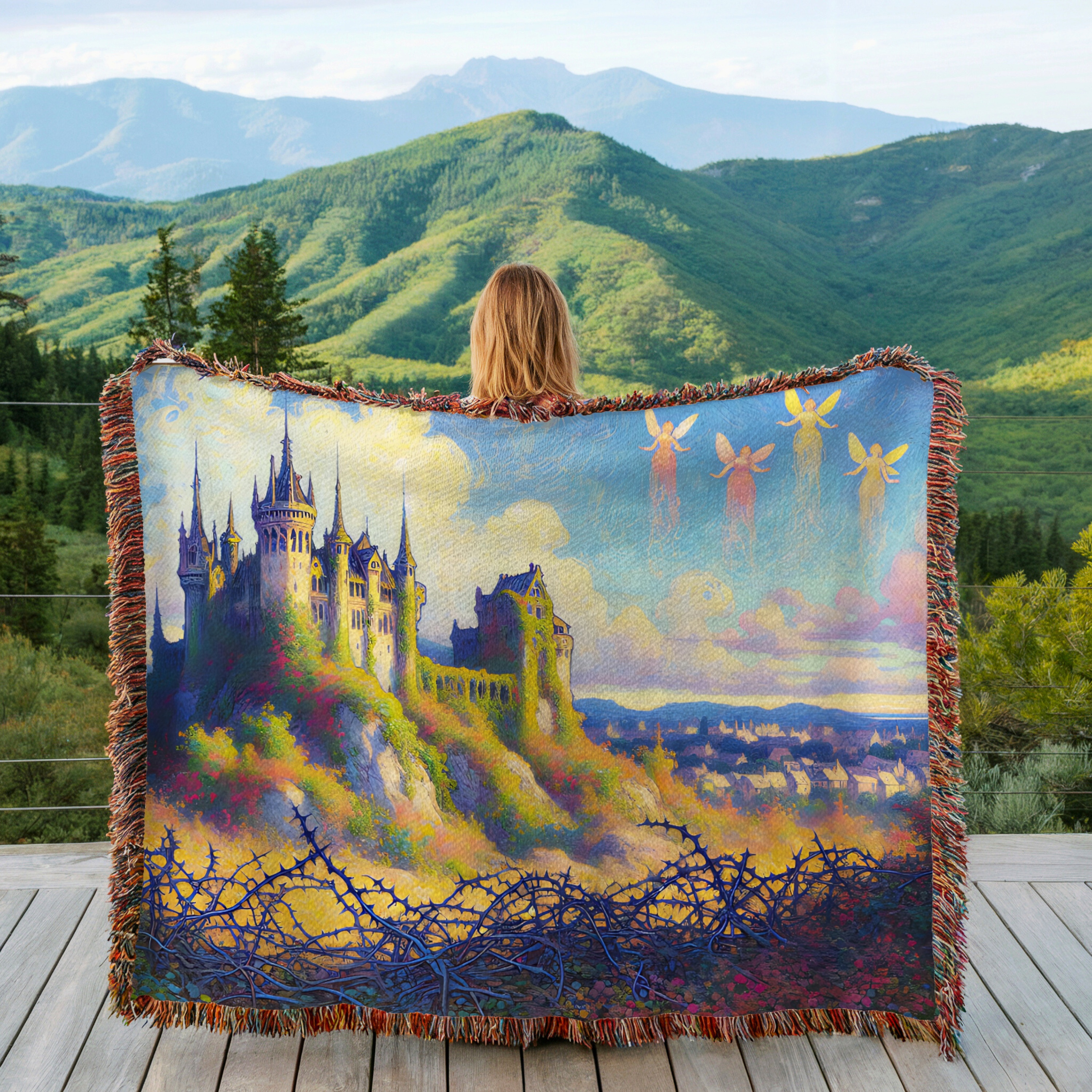 Sleeping Beauty Theme Castle with Fairies and Thorns - Woven Blanket