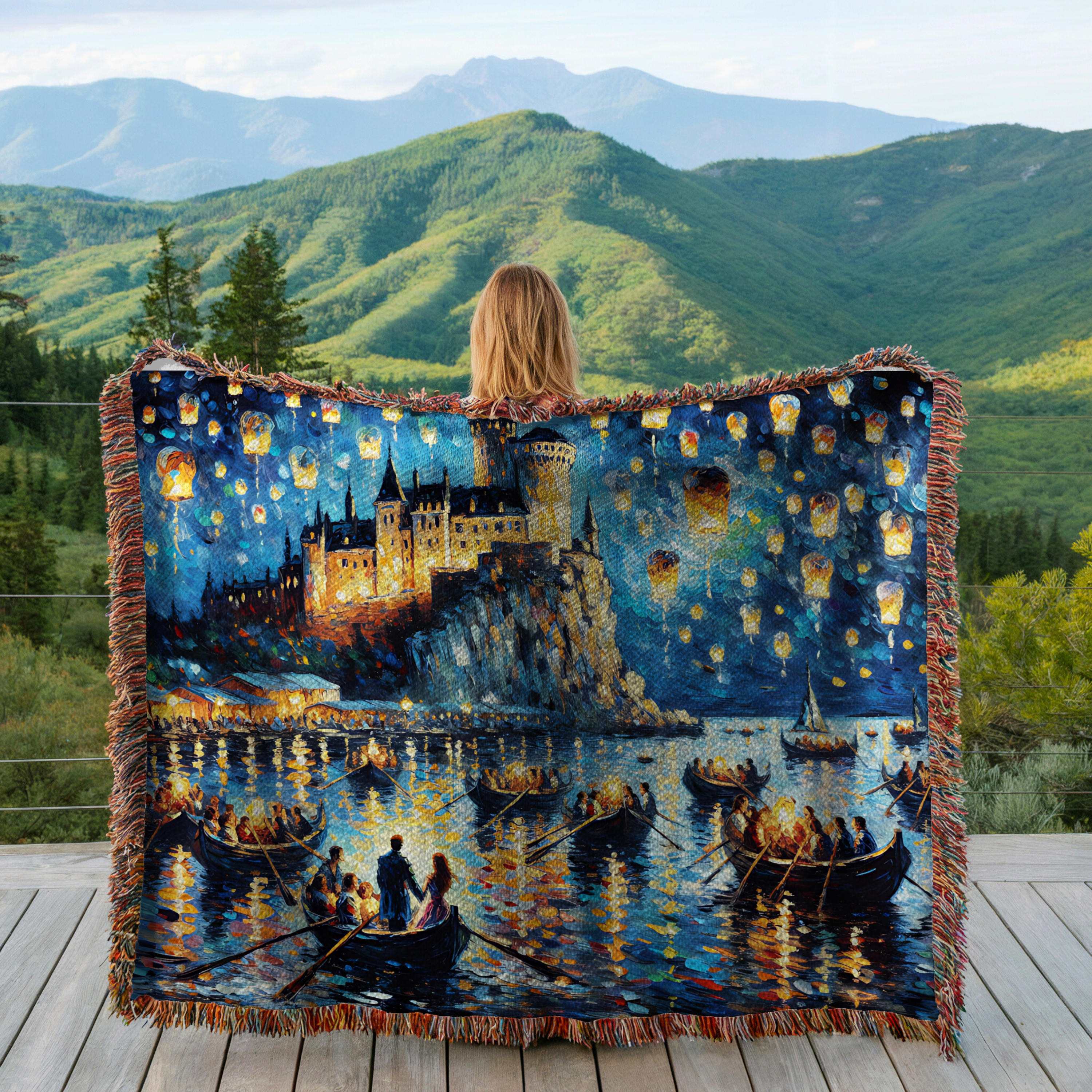 Castle with Boats performing a Nighttime Paper Lantern Ceremony - Woven Blanket product thumbnail image
