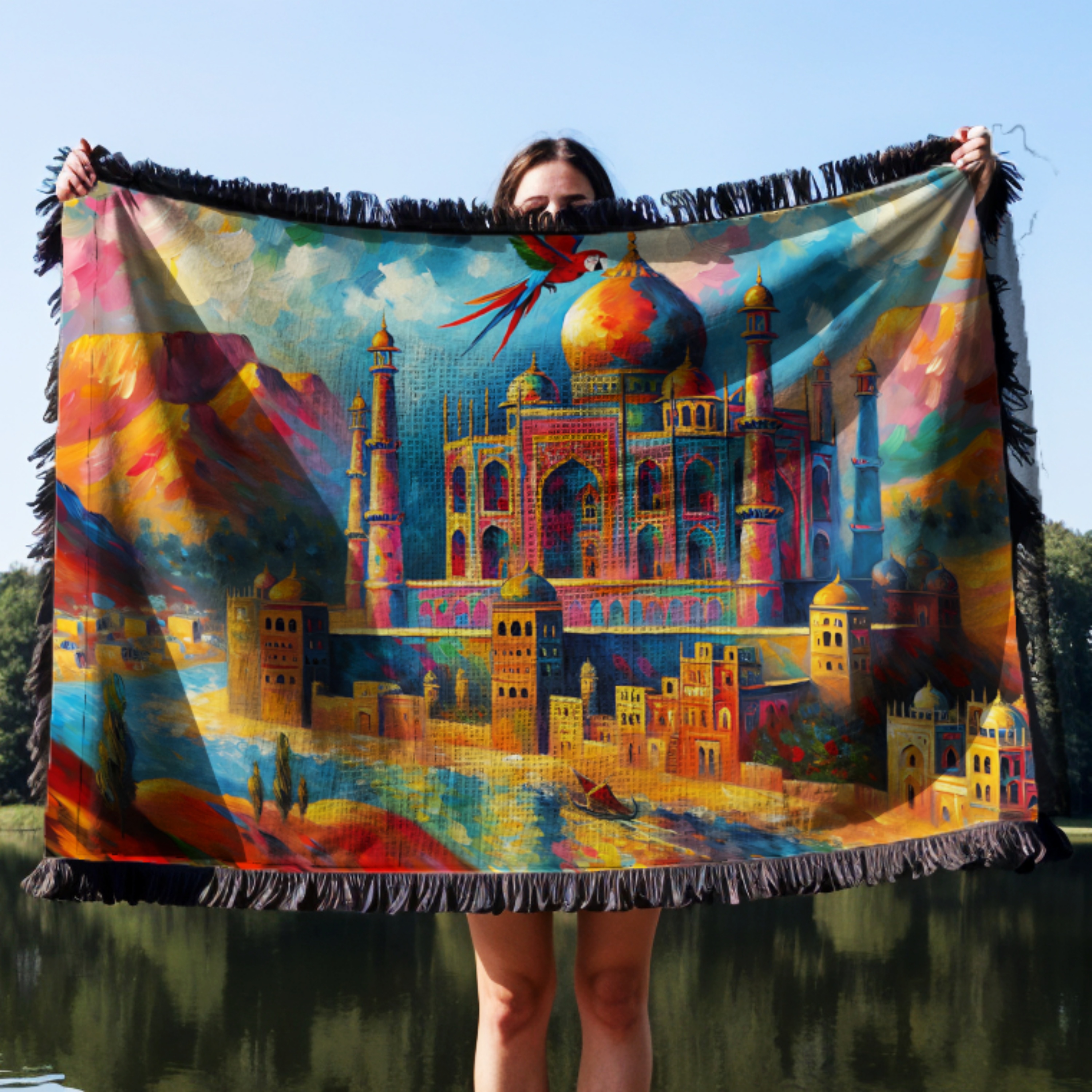 South Asian Castle in the Desert with a River and flying Red Parrot- Arabian Nights theme - Woven Blanket