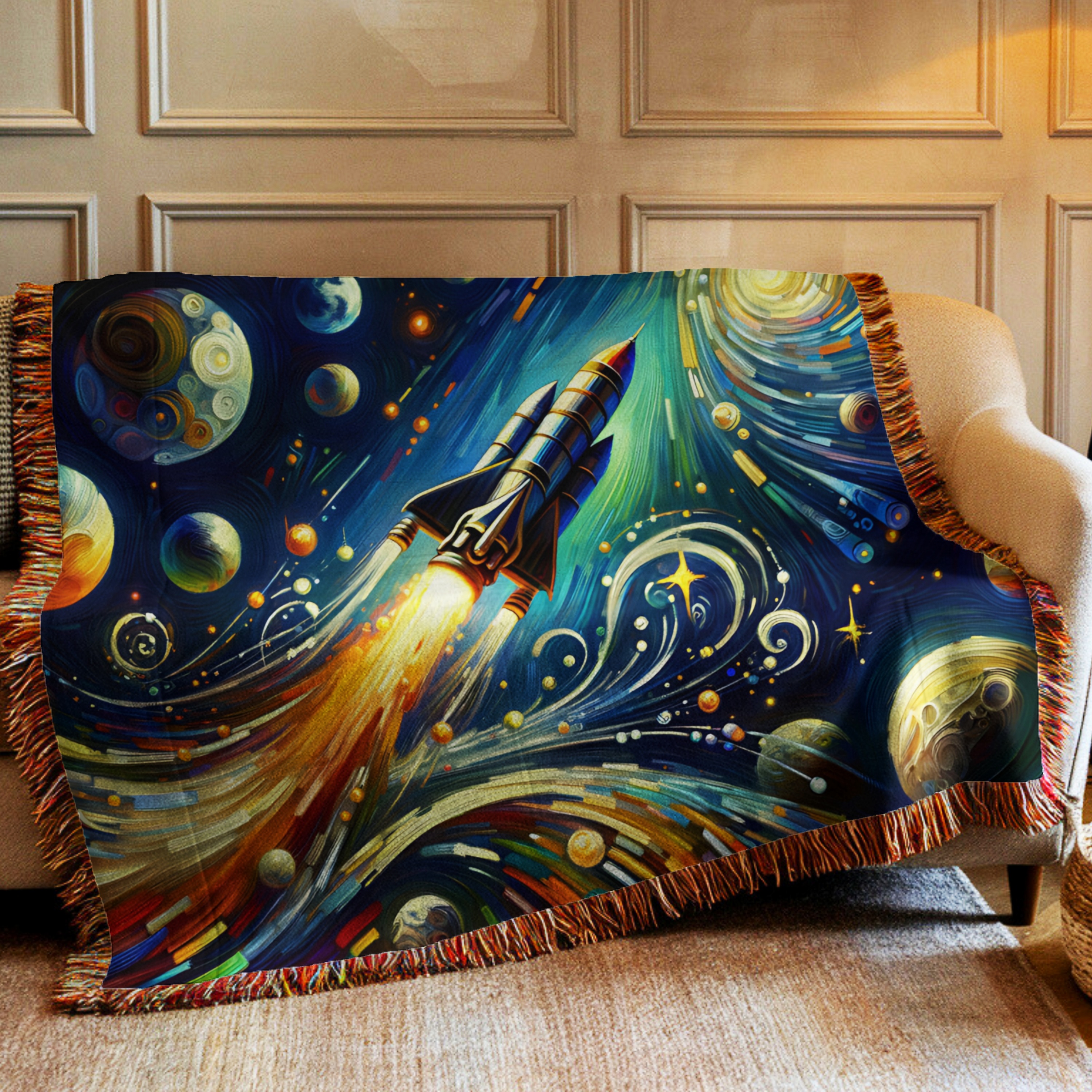 Sci-Fi - Fantasy - Rocket Ship blasting through Space Artwork - Woven Blanket
