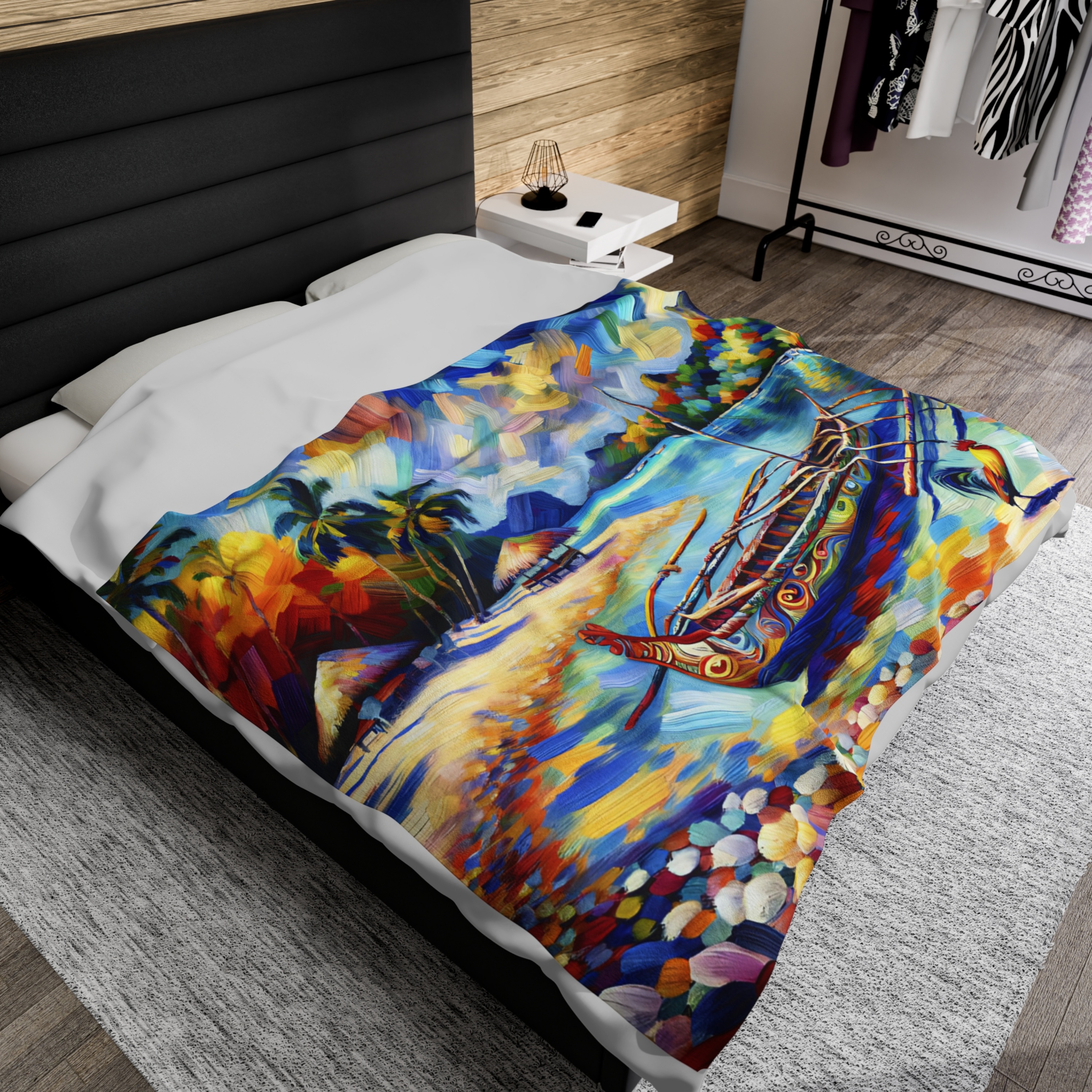 Polynesian Island with Outrigger Canoe and Rooster on the Beach - Velveteen Plush Blanket