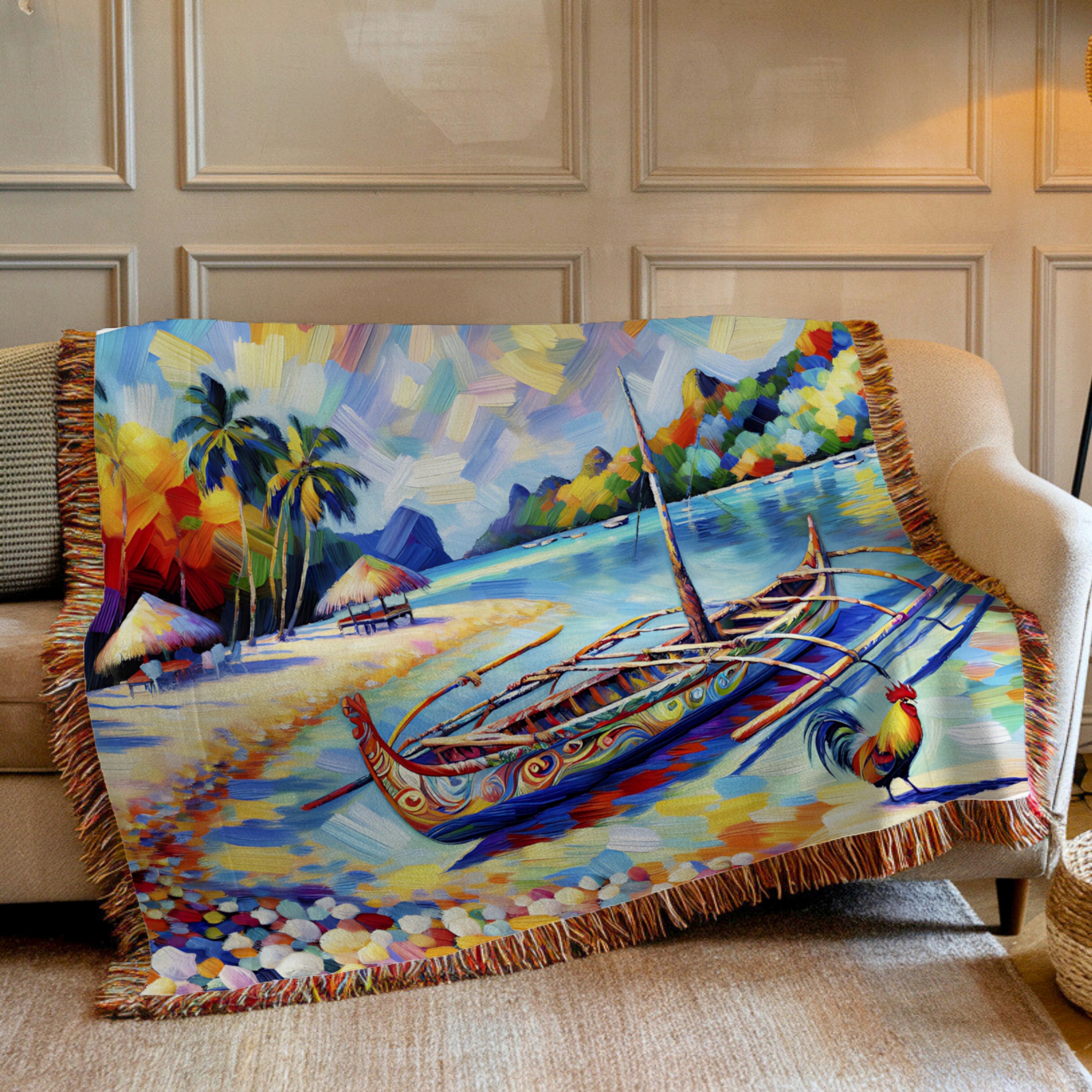 Polynesian Island with Outrigger Canoe and Rooster on the Beach - Woven Blanket