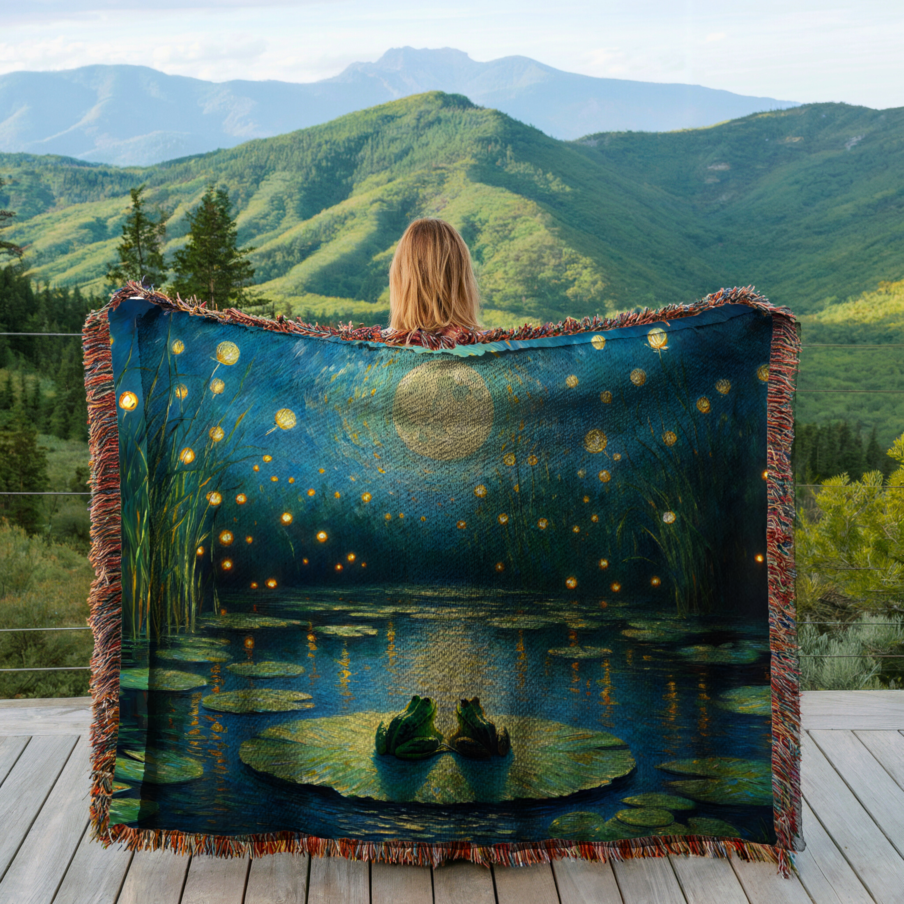 Two Frogs on Lily Pad in the Bayou watching the Night Sky with Firefly's - Woven Blanket product thumbnail image Two Frogs on Lily Pad in the Bayou watching the Night Sky with Firefly's - Woven Blanket product thumbnail image