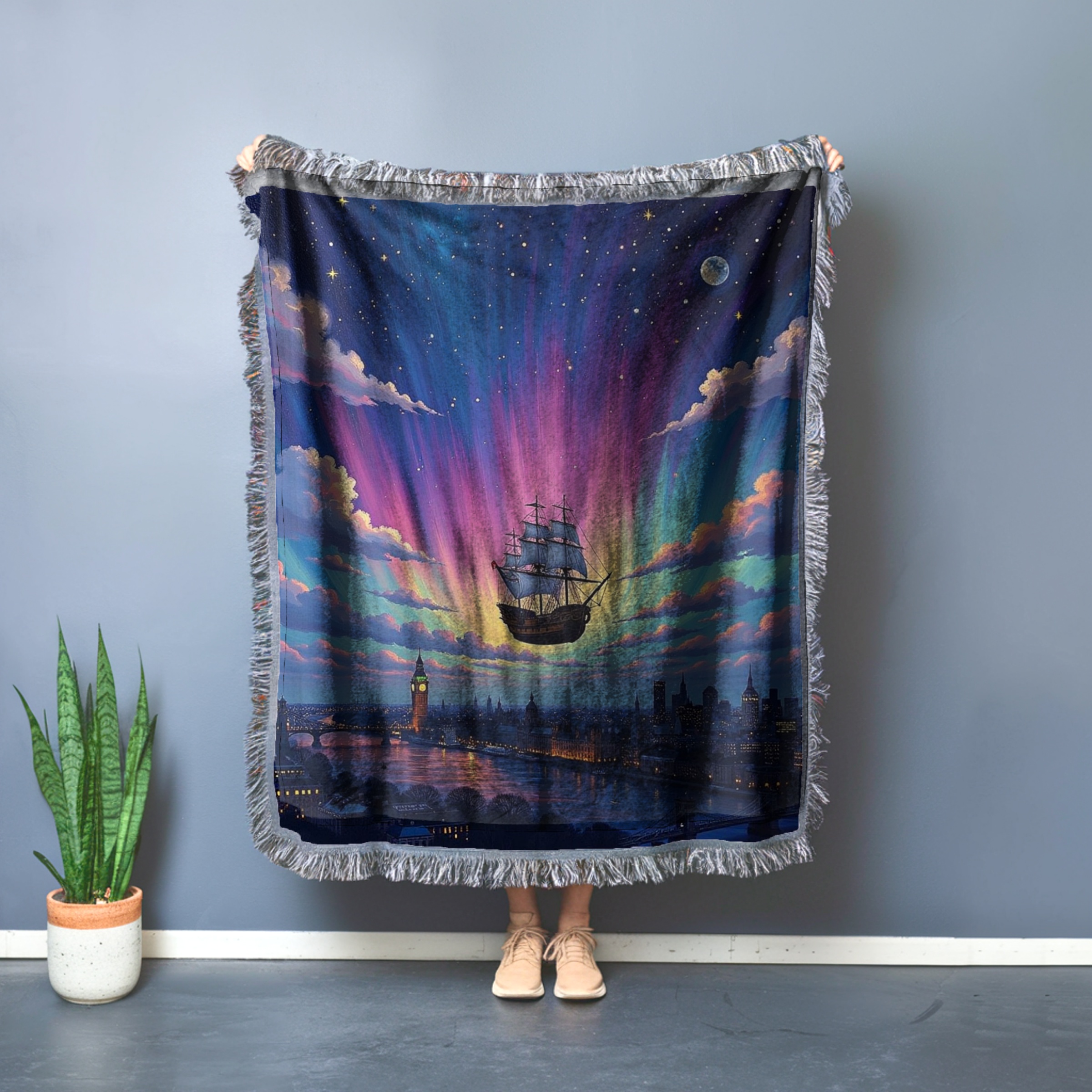 Magic Pirate Ship Flying over London &amp; Big Ben with Aurora Borealis - Woven Blanket