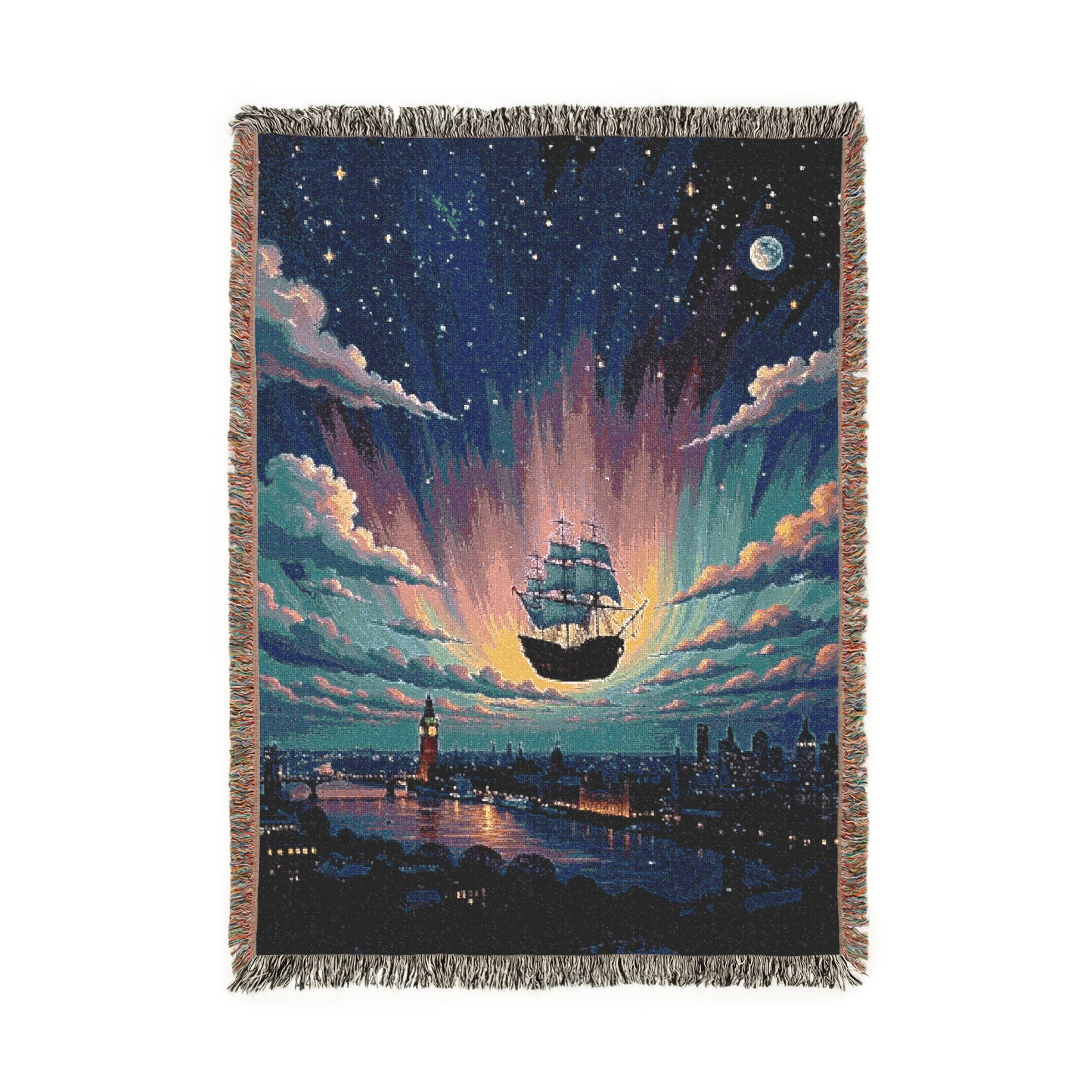 Magic Pirate Ship Flying over London & Big Ben with Aurora Borealis - Woven Blanket product thumbnail image Magic Pirate Ship Flying over London & Big Ben with Aurora Borealis - Woven Blanket product thumbnail image