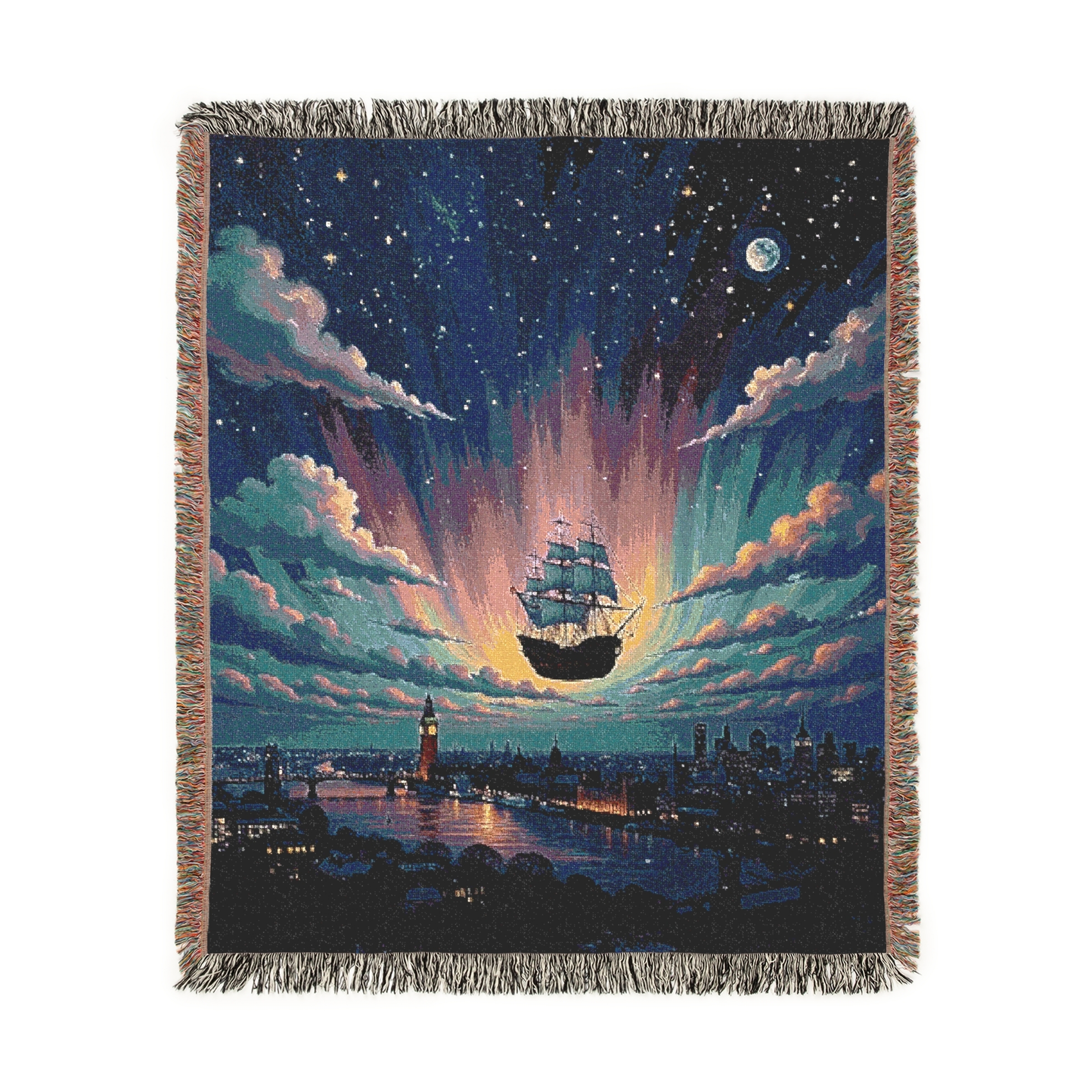 Magic Pirate Ship Flying over London & Big Ben with Aurora Borealis - Woven Blanket product thumbnail image Magic Pirate Ship Flying over London & Big Ben with Aurora Borealis - Woven Blanket product thumbnail image