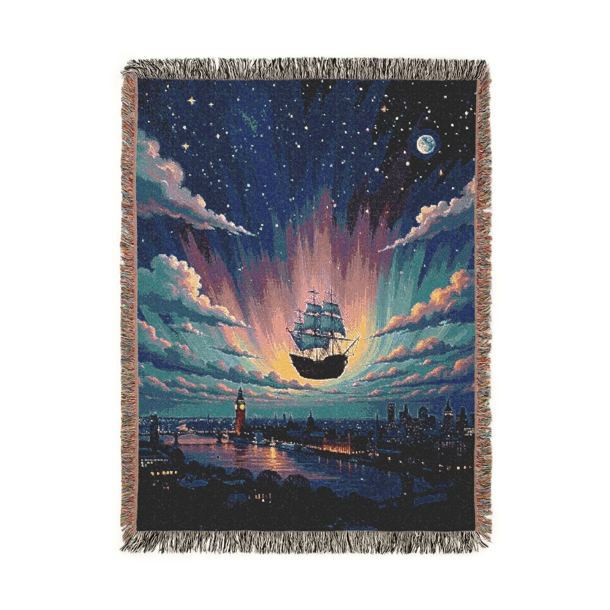 Magic Pirate Ship Flying over London & Big Ben with Aurora Borealis - Woven Blanket product thumbnail image Magic Pirate Ship Flying over London & Big Ben with Aurora Borealis - Woven Blanket product thumbnail image